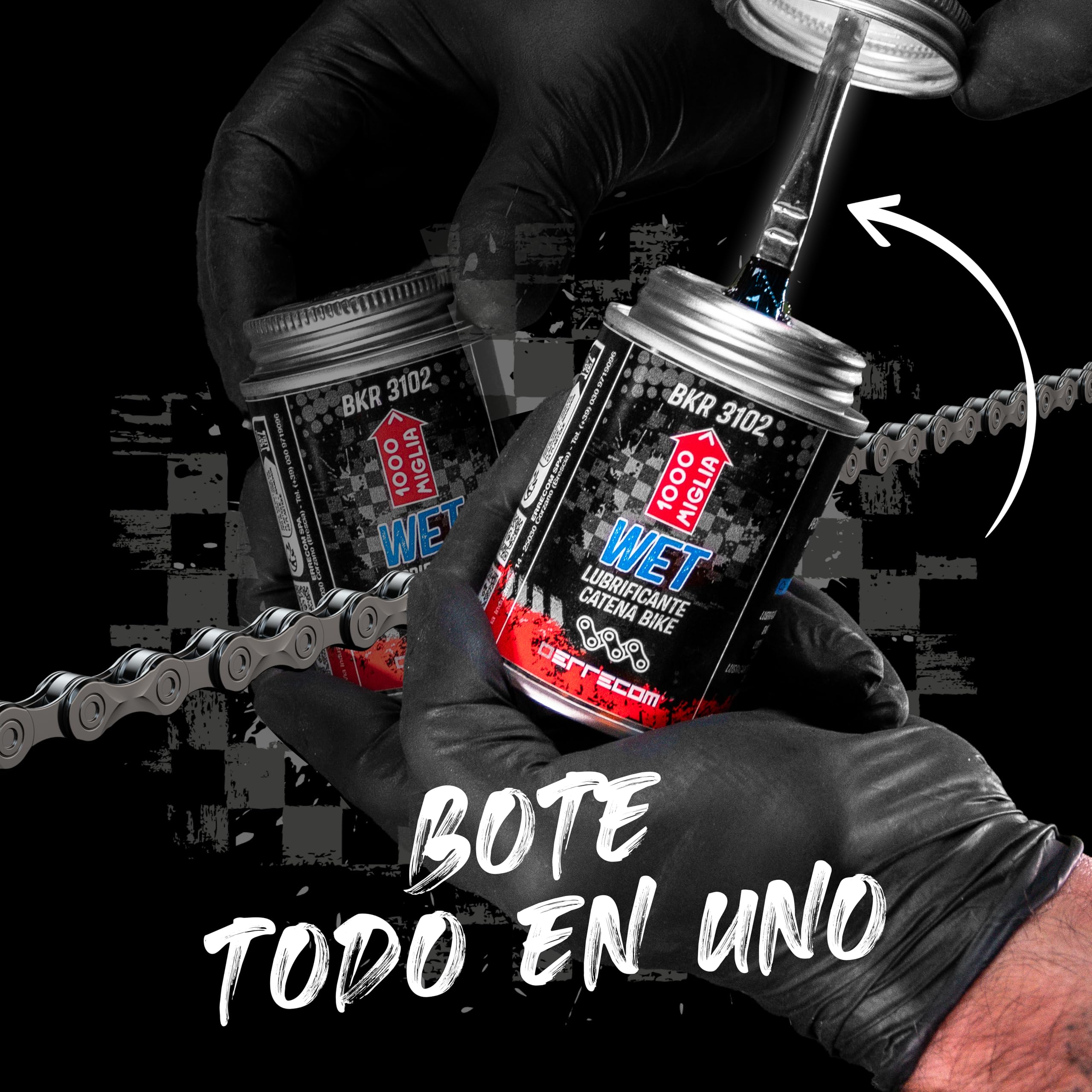Errecom BKR 3102 Lubricante para cadenas de bicicletas WET- 900 ml, para condiciones húmedas, mojadas y con barro, tarro All-In-One con cepillo incluido
