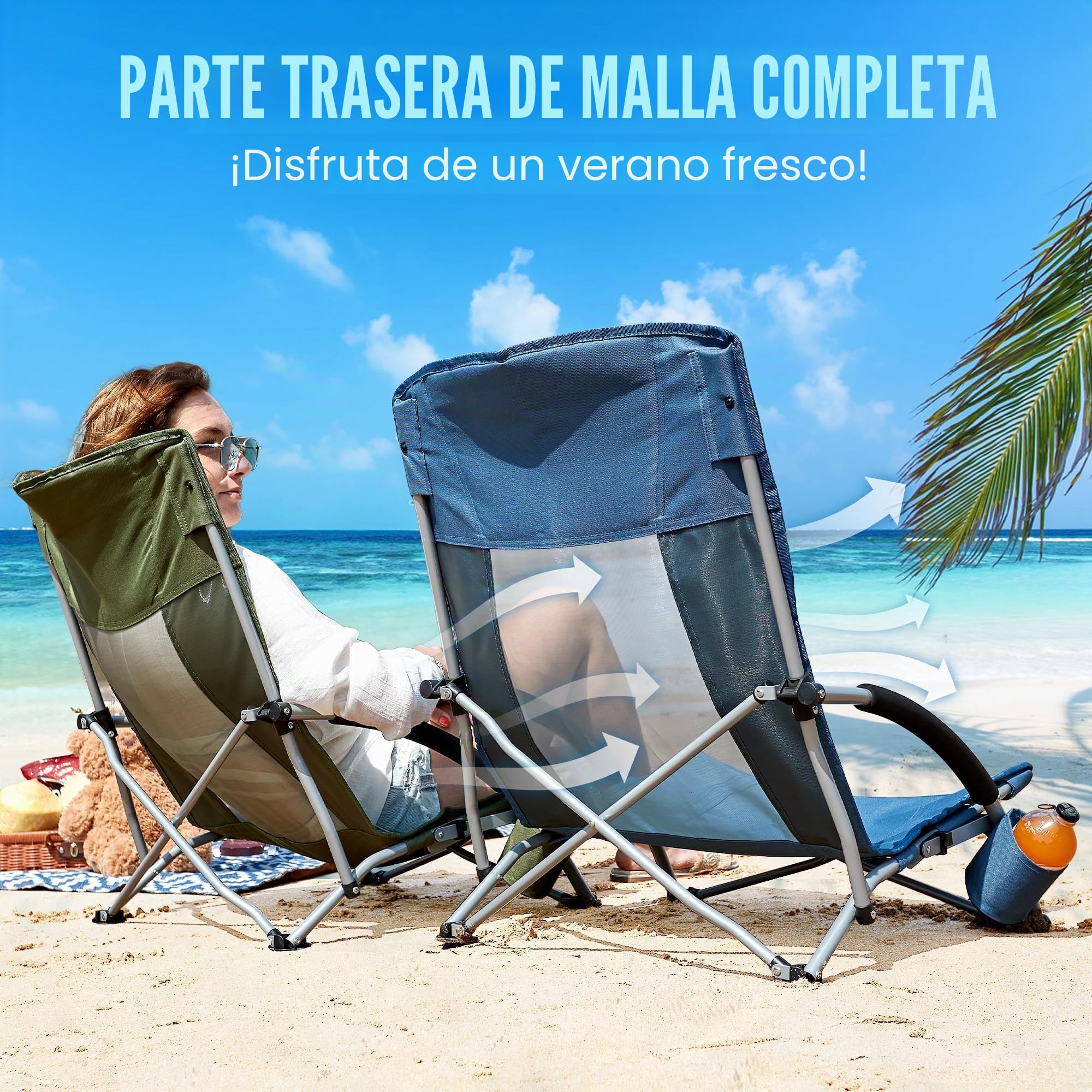 Portal Sillas de Playa para Adultos, Paquete de 2 sillas Plegables de Respaldo Alto, portátiles, Ligeras con portavasos para Viajes, conciertos, césped, Festivales, soporta 400 Libras