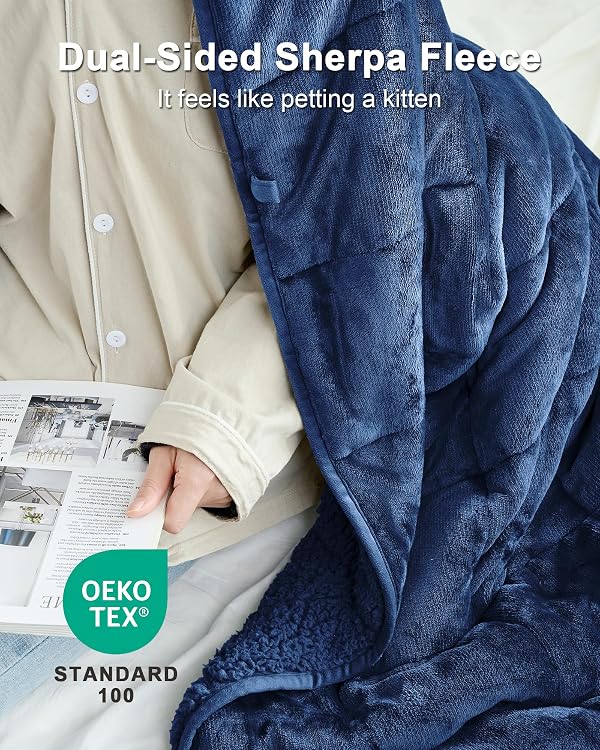UINIU Ultra-Soft Weighted Blanket for Adults(15 lbs, 48” x 72” Full Size) Plaid Sherpa Fleece Reversible Heavy Blanket with Glass Beads, Perfect for 140-190 lbs, Machine Washable, Navy Blue by UINIU - Image 2
