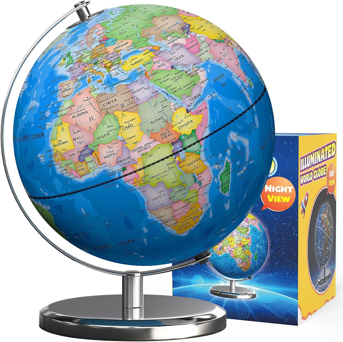 Globo terráqueo iluminado de 9 pulgadas, constelación LED | Base de metal pesado, luz LED E14 enchufable, 88 constelaciones, herramienta de aprendizaje para niños, decoración de escritorio y aula