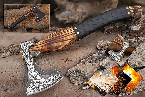 Vista 6 de Hacha vikinga – Hacha de hacha de acero al carbono de alta calidad con funda de cuero, mango de palisandro de 19 pulgadas, hacha pequeña para HACA