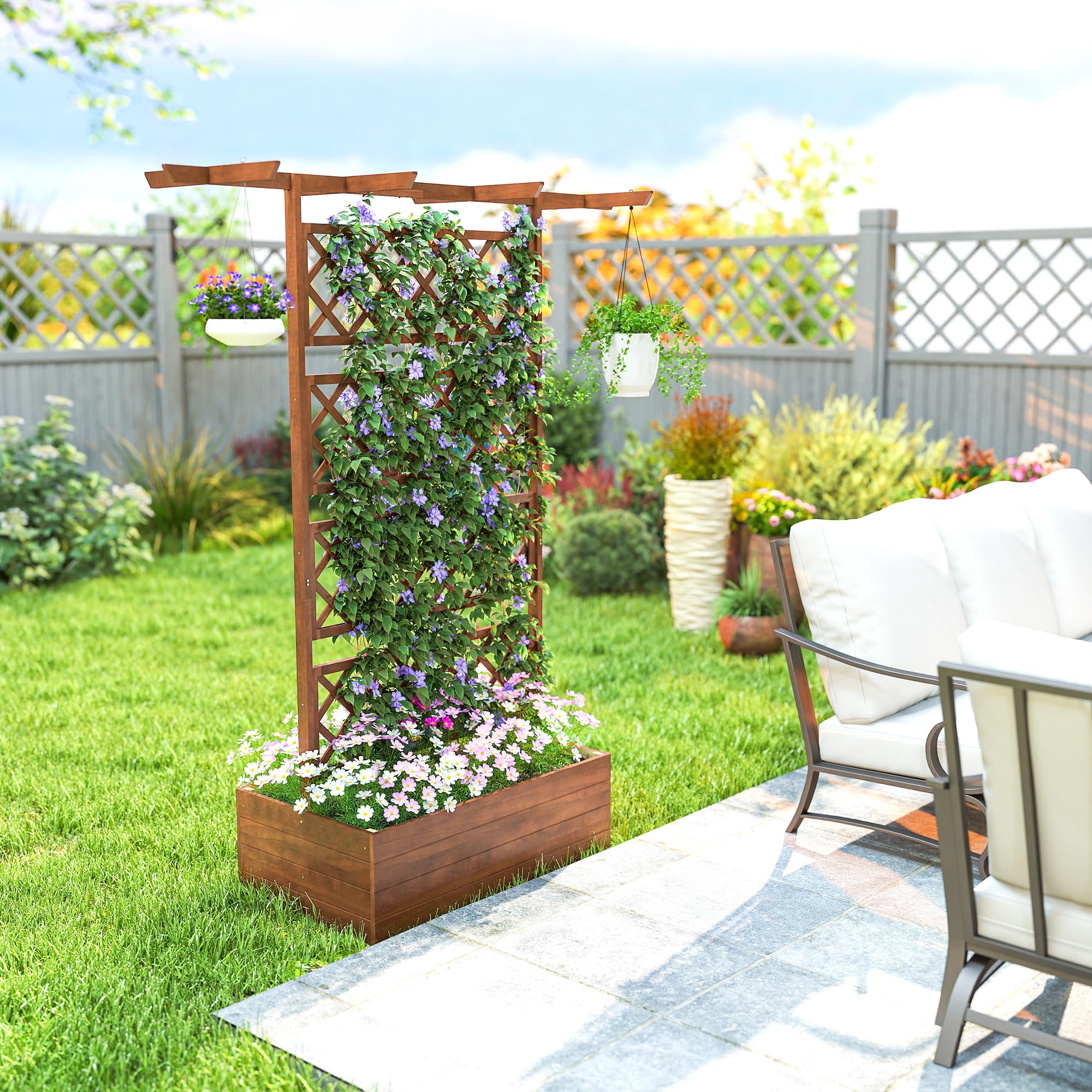 Outsunny Jardinière Surélevée avec Treillis et Barres de Toit, bac à Fleurs, lit surélevé Trous de Drainage, Tissu Non tissé, pour Plantes grimpantes, légumes, extérieur, Bois Massif, Marron