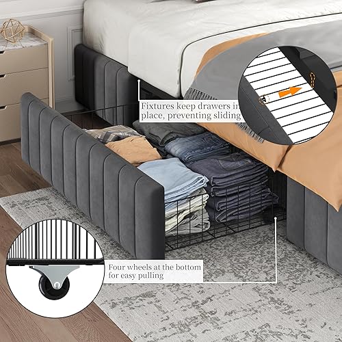 Miniatura 5 de Yaheetech Base de cama tamaño matrimonial tapizada con 3 cajones de almacenamiento, gran espacio de almacenamiento, listones de madera fuertes,