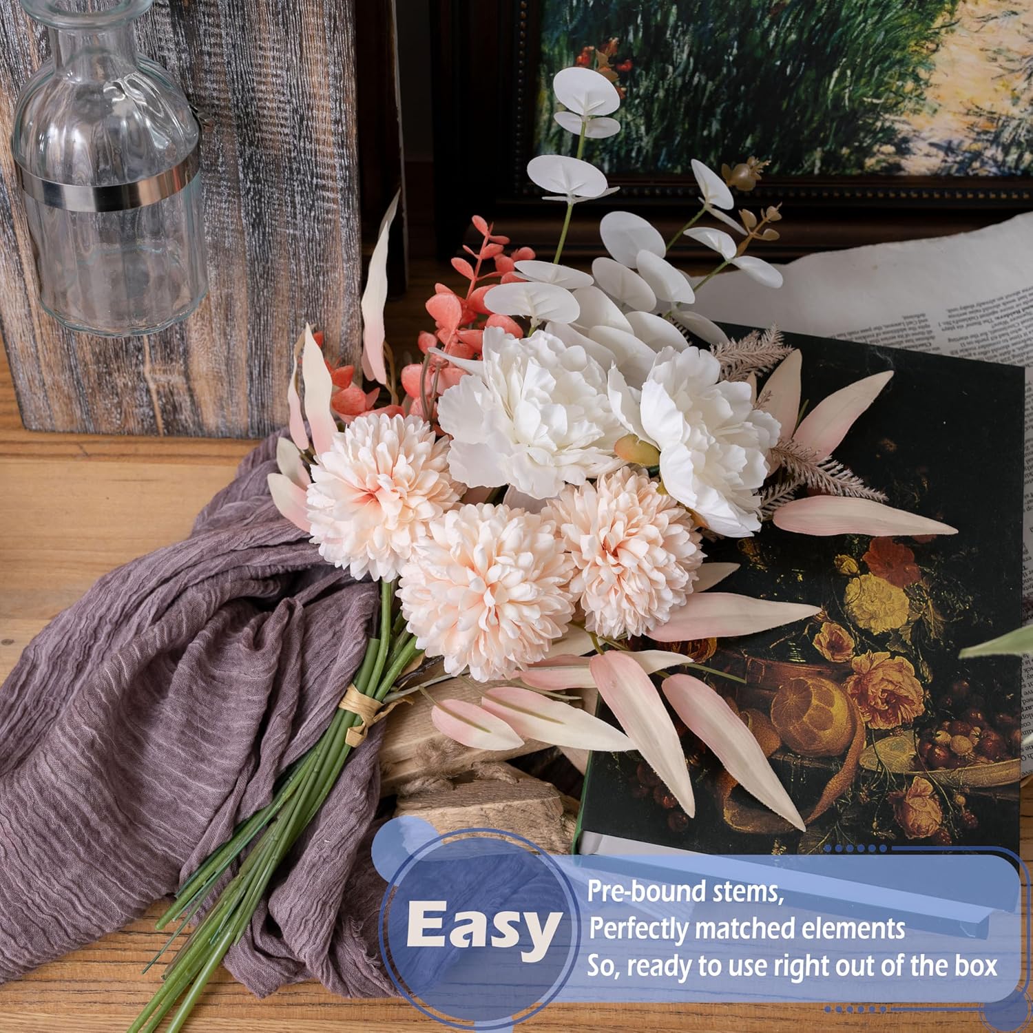 2pcs Boho Style Artificial Flower Bouquets,17 Inch Bohemian Style Fall Flower Wedding Bouquets for Bridal Bridesmaid,Rustic Home Décor Centerpiece(Champagne Color Scheme)