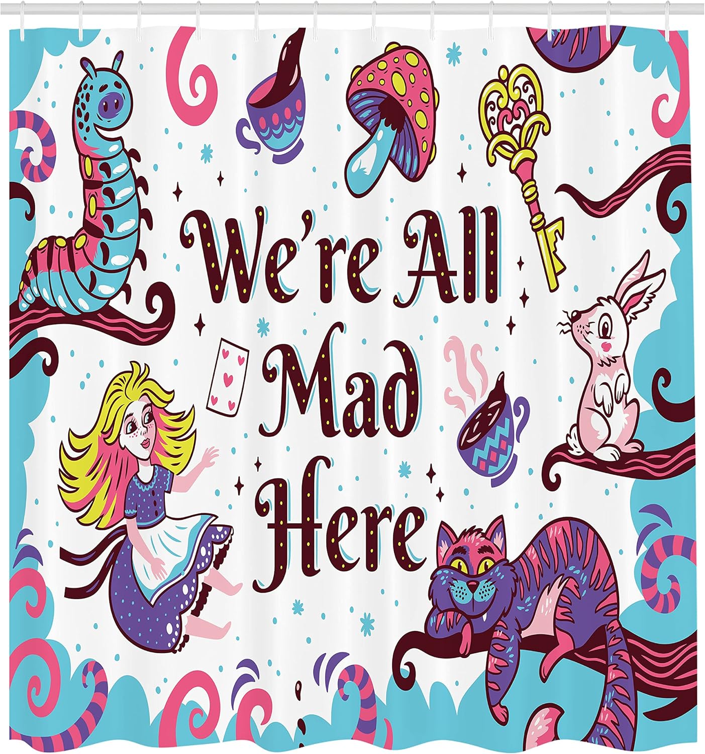 Ambesonne Alice in Wonderland Shower Curtain, We are All Mad Here Words with Caterpillar White Rabbit Cheshire Cat, Cloth Fabric Bathroom Decor Set with Hooks, 69" W x 70" L, Pink Blue Purple