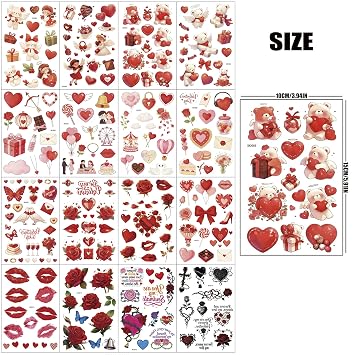 XMASIR 243 Pcs Temporary Tattoos for Women, Lip Rose Angel Fake Tattoos | 16 Sheets Valentines Tattoo Stickers, Red Heart for Couple Gift Party Favors