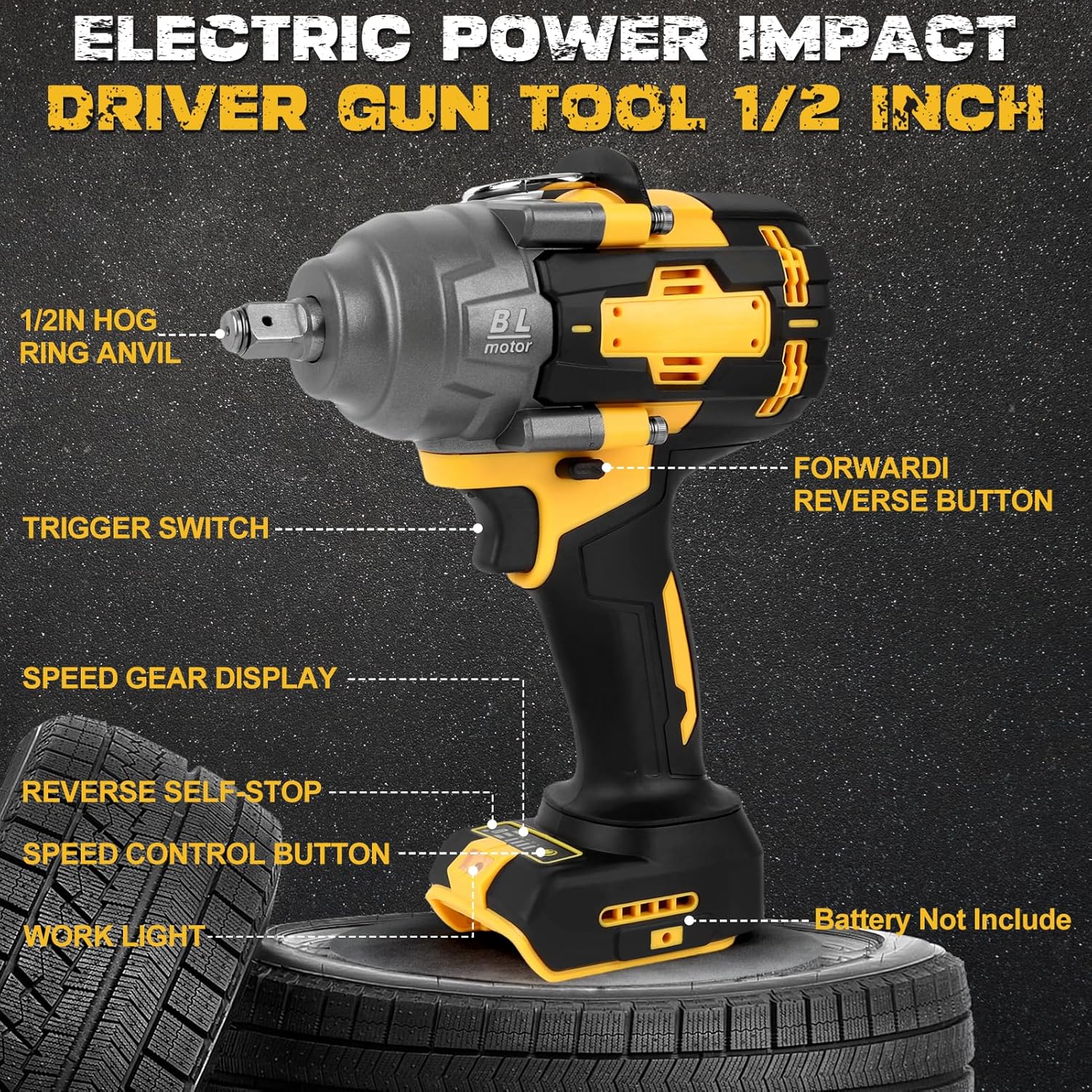 Cordless Impact Wrench, Compatible with 20V Battery, Brushless Electric Power Impact Driver Gun Tool, 1000N.m Torsion 4 Speeds with LED Lighting, Tool Only