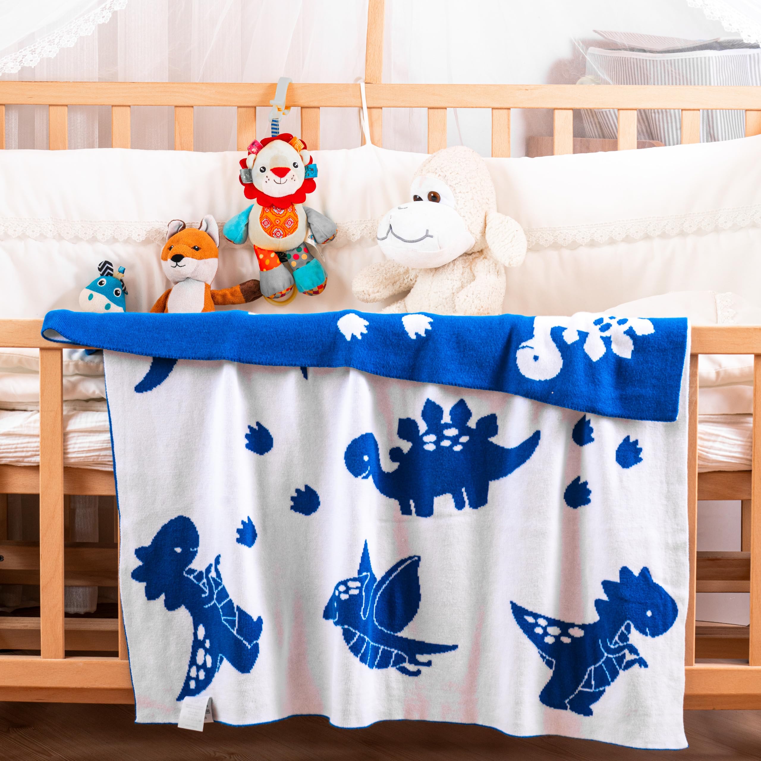 EVERSOFT FABRICS Premium Baby Blanket 350g- 100% Organic Cotton, Oeko-Tex 100 Certified, Lightweight & Soft, Ideal for Sensitive Skin, Perfect for Newborns & Toddlers (Dinosaur Blue&White) - Image 2