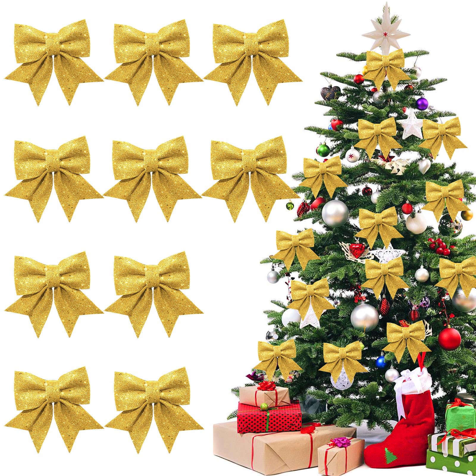 Hyran Lazos Arbol Navidad, 10 Piezas Adornos Arbol Navidad, Lazos Regalo, Lazo Purpurina, Lazos Navidad, Adornos Navidad Arbol, Adornos Navideños Decoración Regalos Casa (Dorado)