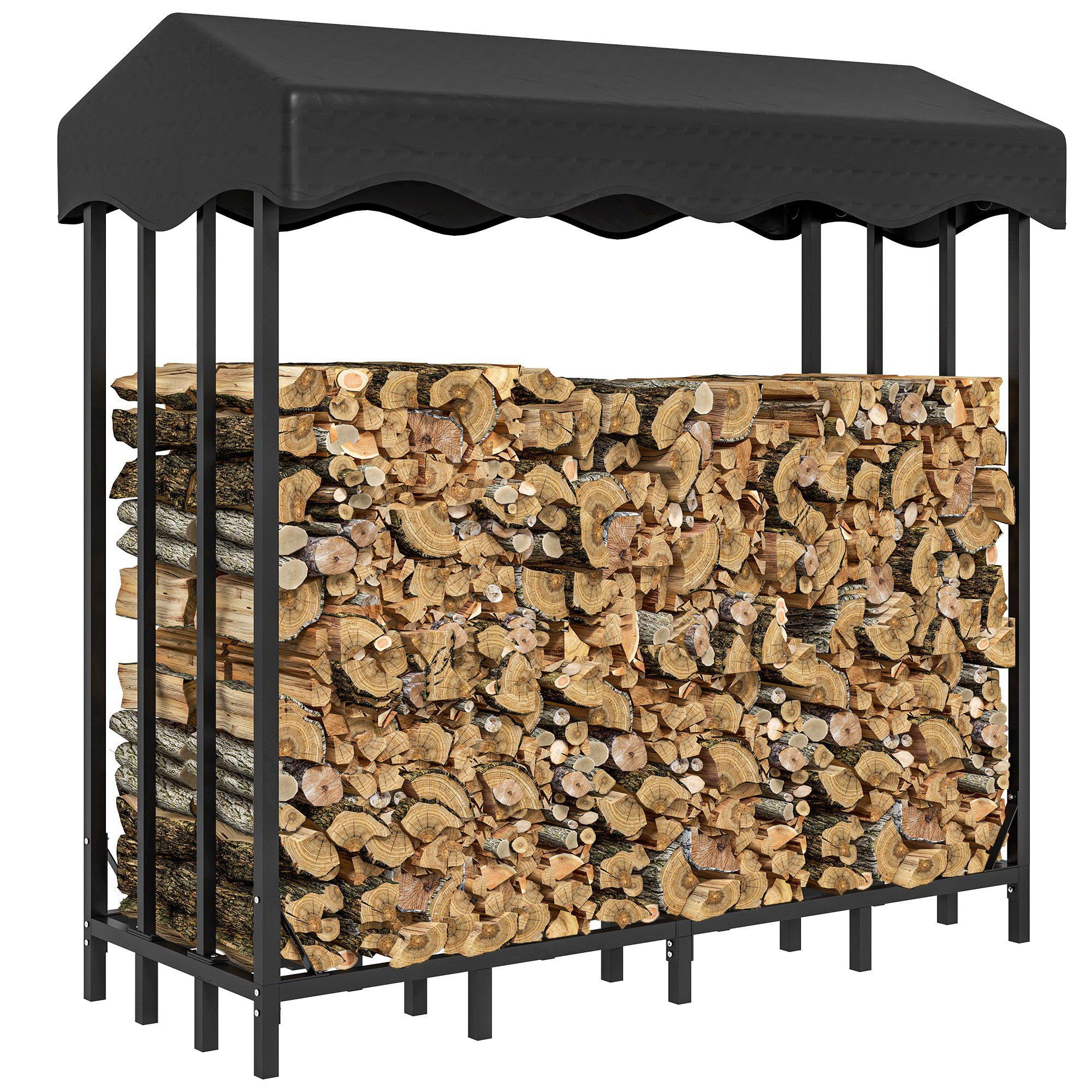 Outsunny Soporte para Leña con Cubierta 143x70x145 cm Leñera de Exterior Estante de Leña de Metal con Estructura Reforzada Impermeable Carga 1200 kg para Interior y Exterior Negro