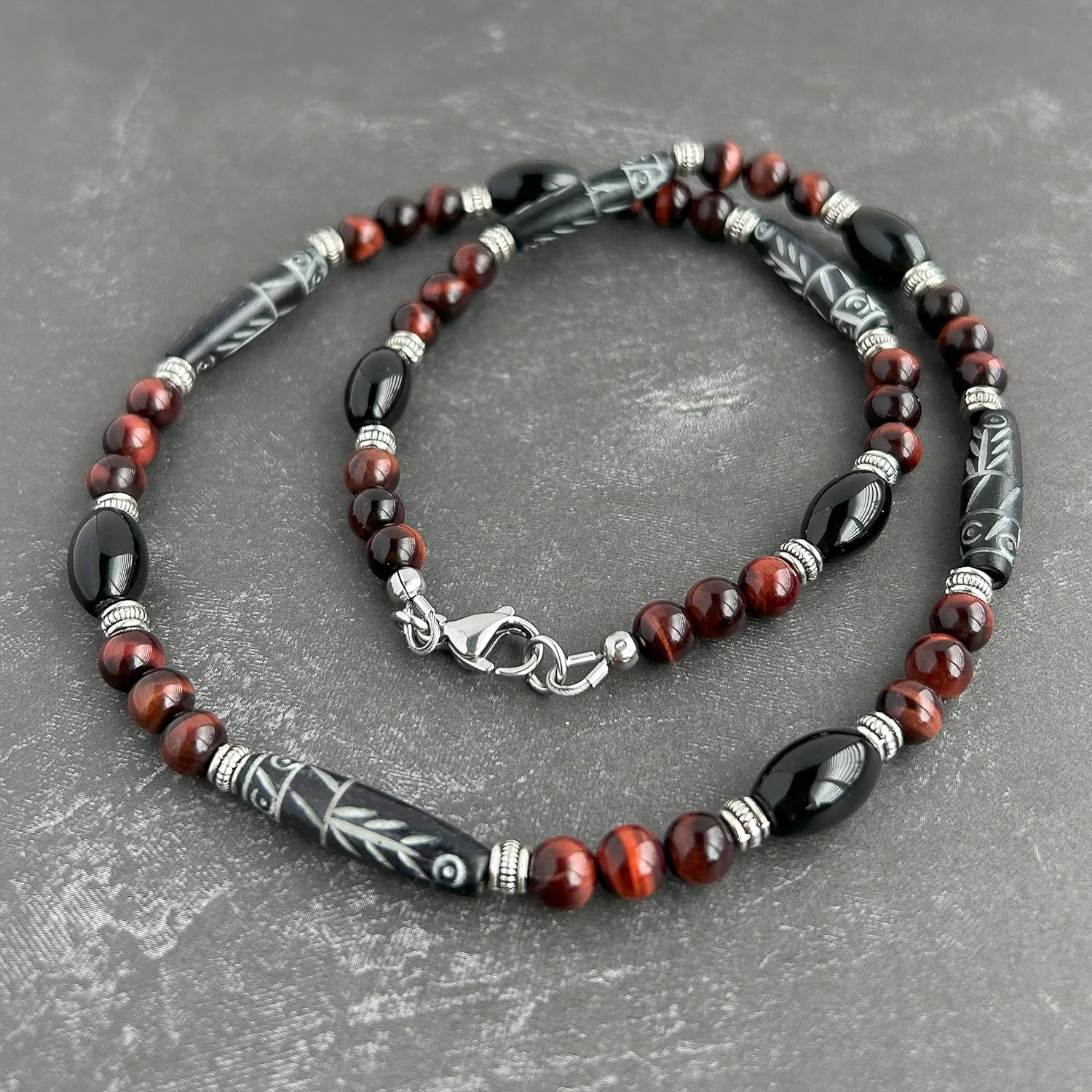 Mami's Gem Studio Mens Tribal Style Necklace, Beaded with Carved Bone, Black Onyx, and Gemstone - Handcrafted in USA