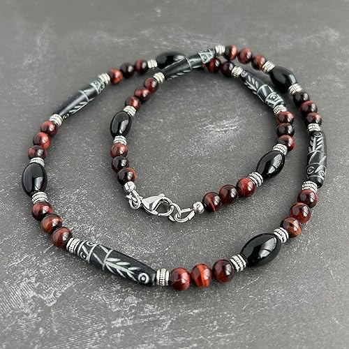 Miniatura 3 de Mens Tribal Style Necklace - Carved Bone, Black Onyx, Red Tiger Eye Gemstone, Handcrafted (20 inches)