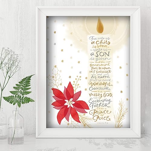 Miniatura 6 de For Unto Us a Child Is Born - Christian Wall Decor Bible Verse Wall Art, Isaiah 96 Typographic Candle Design wPoinsettia Wall Print For Home Decor,