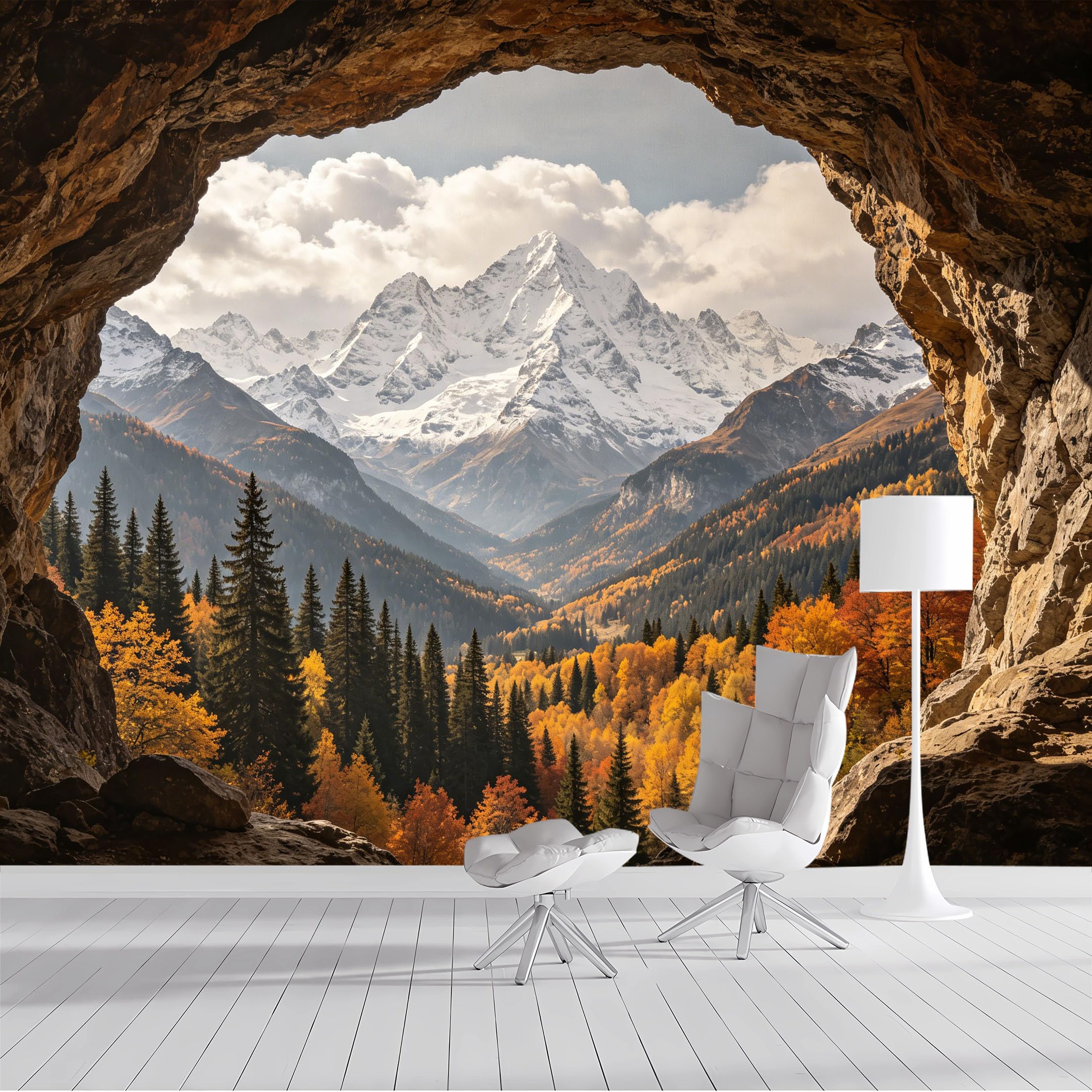 Custom Size Wall Mural Autumn Mountain Valley Forest View Cave Landscape Nature Scenery Oil Painting Style SelfAdhesive Wall Fabric Removable Peel and Stick Wallpaper for Living Room Bedroom