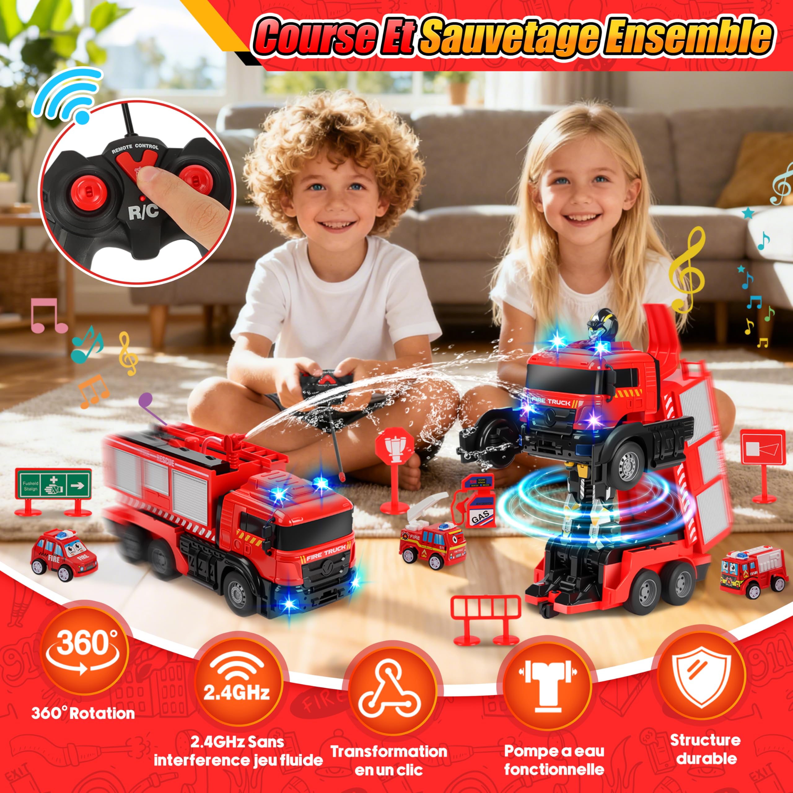 Charmofun Gros Camion Pompier avec Sonore et Lumineux, Voiture Pompiers Telecommande avec Pulvérisation d'eau, Robot Transformable Voiture Télécommandé Enfant, Cadeau Noël et Anniversaire Enfant