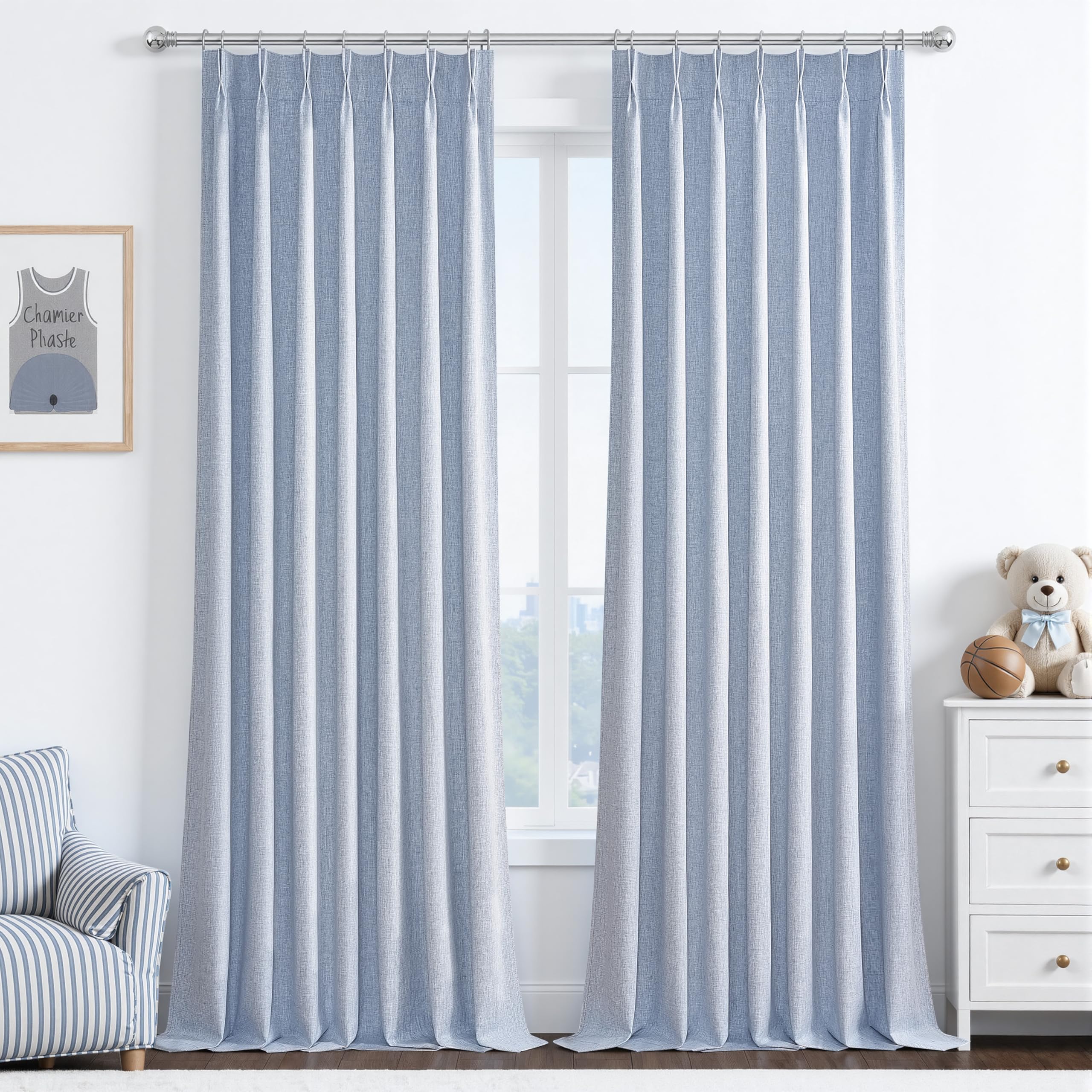 Dusty Blue 96 Inches Blackout Curtains Long for Kids/Boys/Teens Rooms/Bedroom 2 Panels Set, Light Blue Pinch Pleated Drapes 8 FT Length Burg Linen Thermal Coastal Curtain Window Viral 40"Wx96"L โ image 1