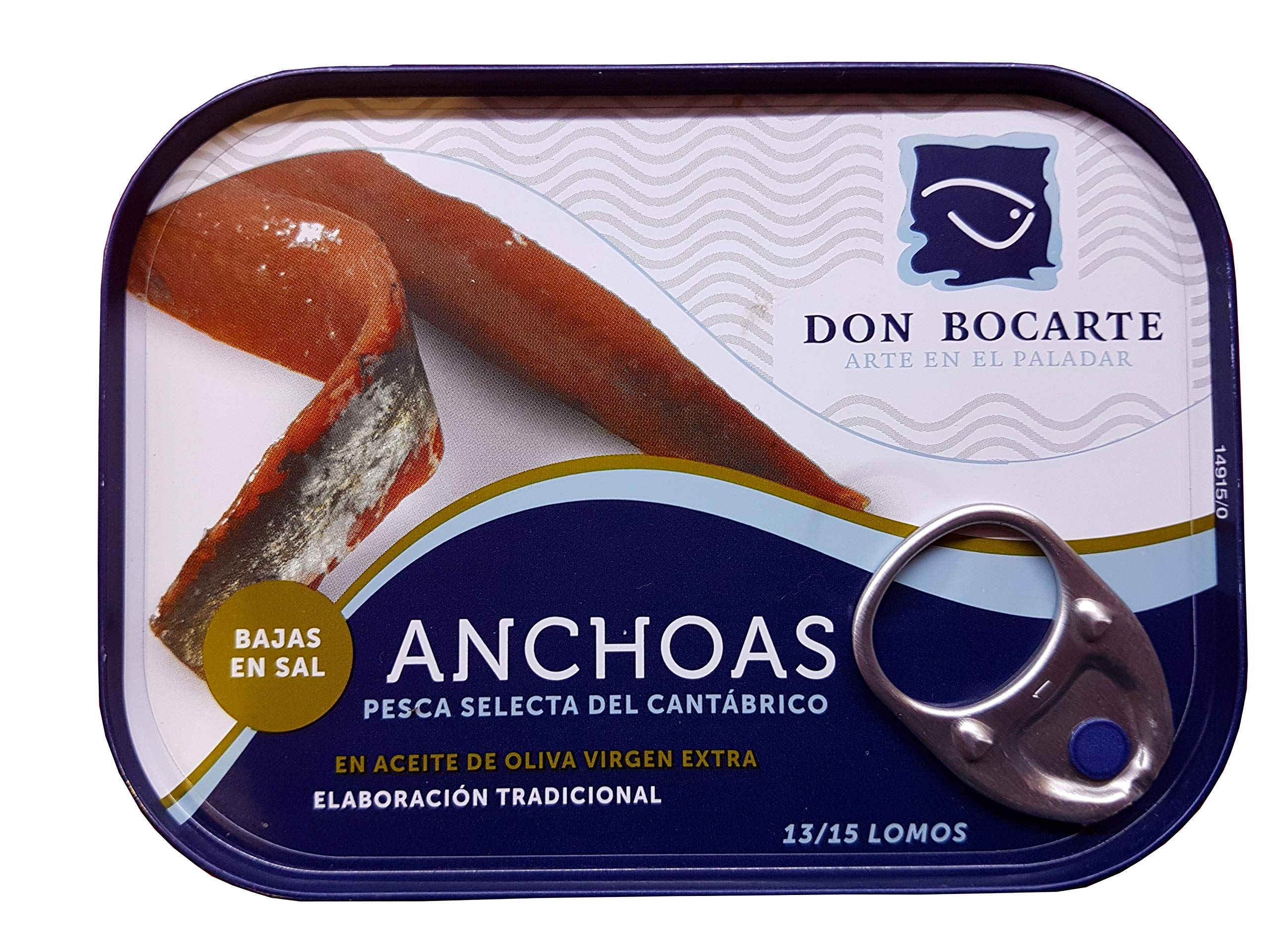 Anchoas Don Bocarte 13-15 Lomos en Aceite de Oliva Virgen Extra - Anchoas en Aceite - Anchoas del Cantabrico - Peso Neto 85 gramos - Contenido Reducido en Sal