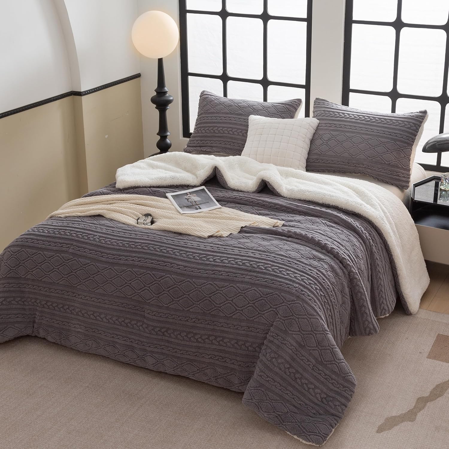 COTTEBED Reversible Sherpa Fluffy Comforter Queen Set, Boho Tufted Bedding Down Blanket Comforter Set, Ultra-Soft Washed Cotton Shabby Plush Fleece Sherpa Thick Warm for Winter Autumn, Grey Full Queen