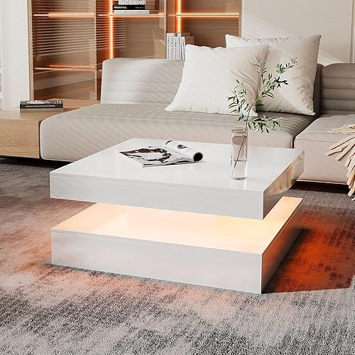 Mesa de centro LED blanca para sala de estar, mesa central cuadrada de 2 niveles, mesa de centro moderna de madera contemporánea de alto brillo con