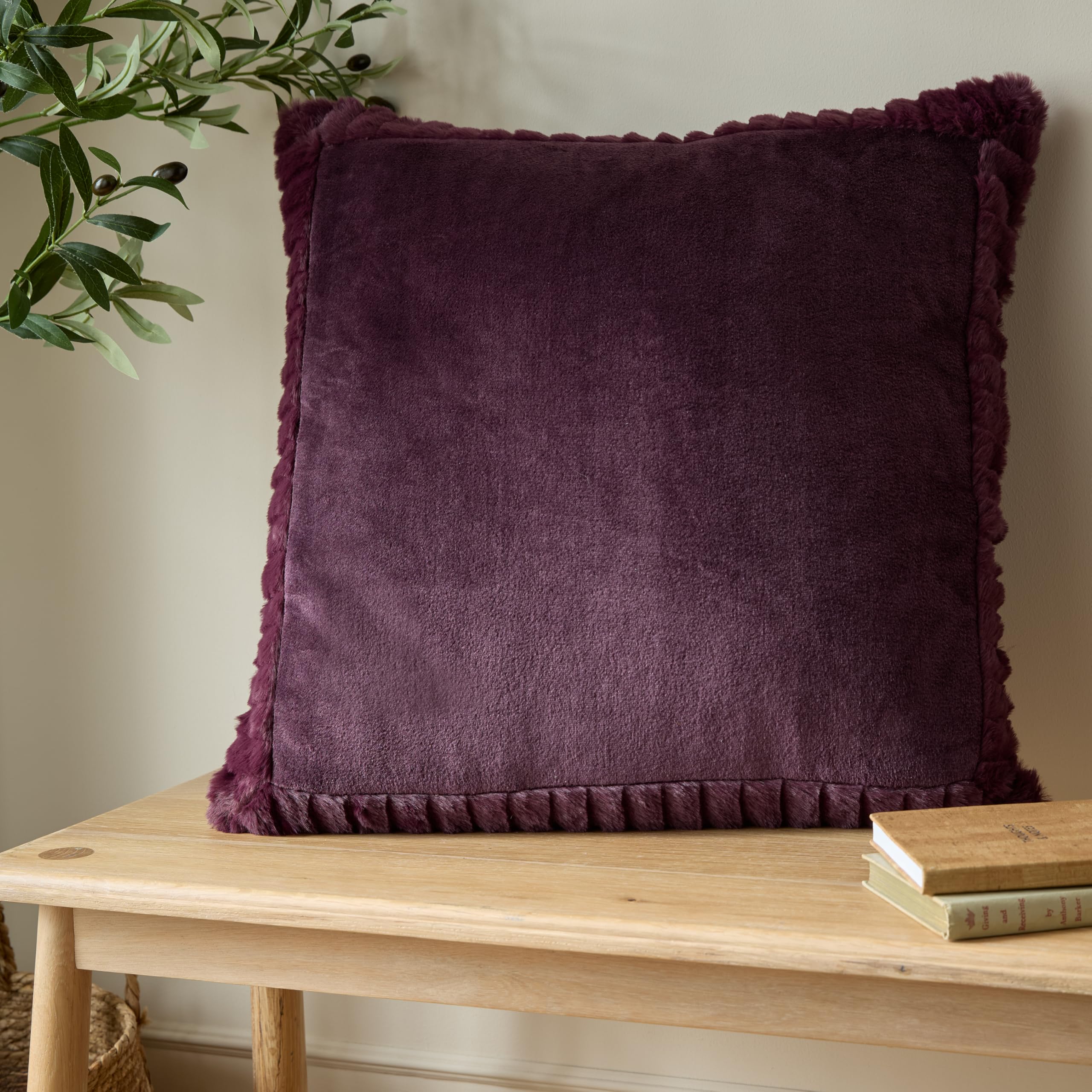 Plum Catherine Lansfield Velvet And Faux Fur Cushion