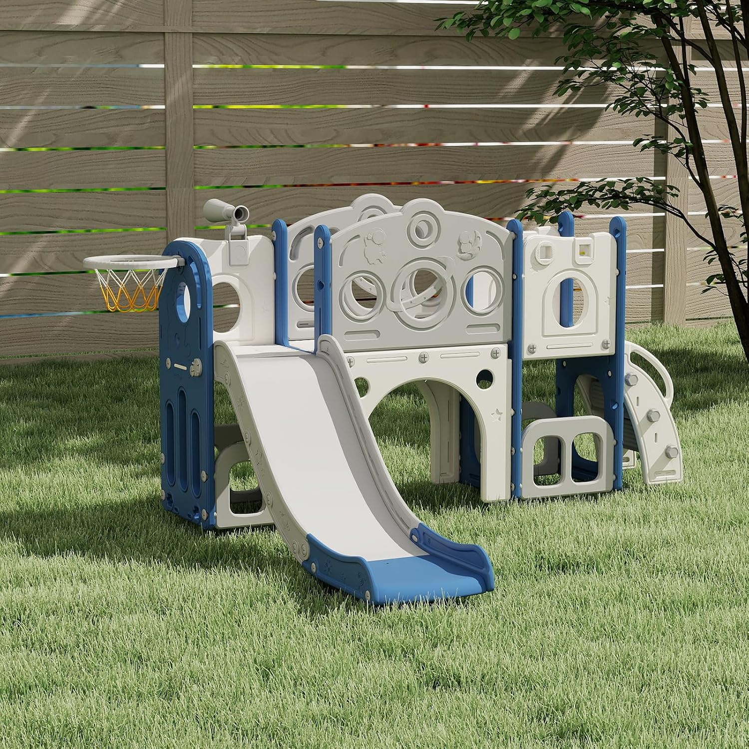 8 in 1 Indoor Slide for Toddler 1-3 Age - Freestanding Baby Slide, Outdoor Playground Kids Slider, Toddler Playset with Climber Slider, Basketball Hoop, Telescope, Storage Area and Tunnel, White&Blue
