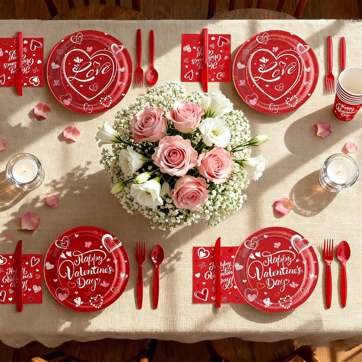 112 PCS Valentines Day Tableware Set Galentine Disposable with Plates, Cups, Napkin, Knives, Forks, Spoons - Valentine’s Day Party Supplies for Wedding,Anniversary, Birthday, Gathering,Serves 16