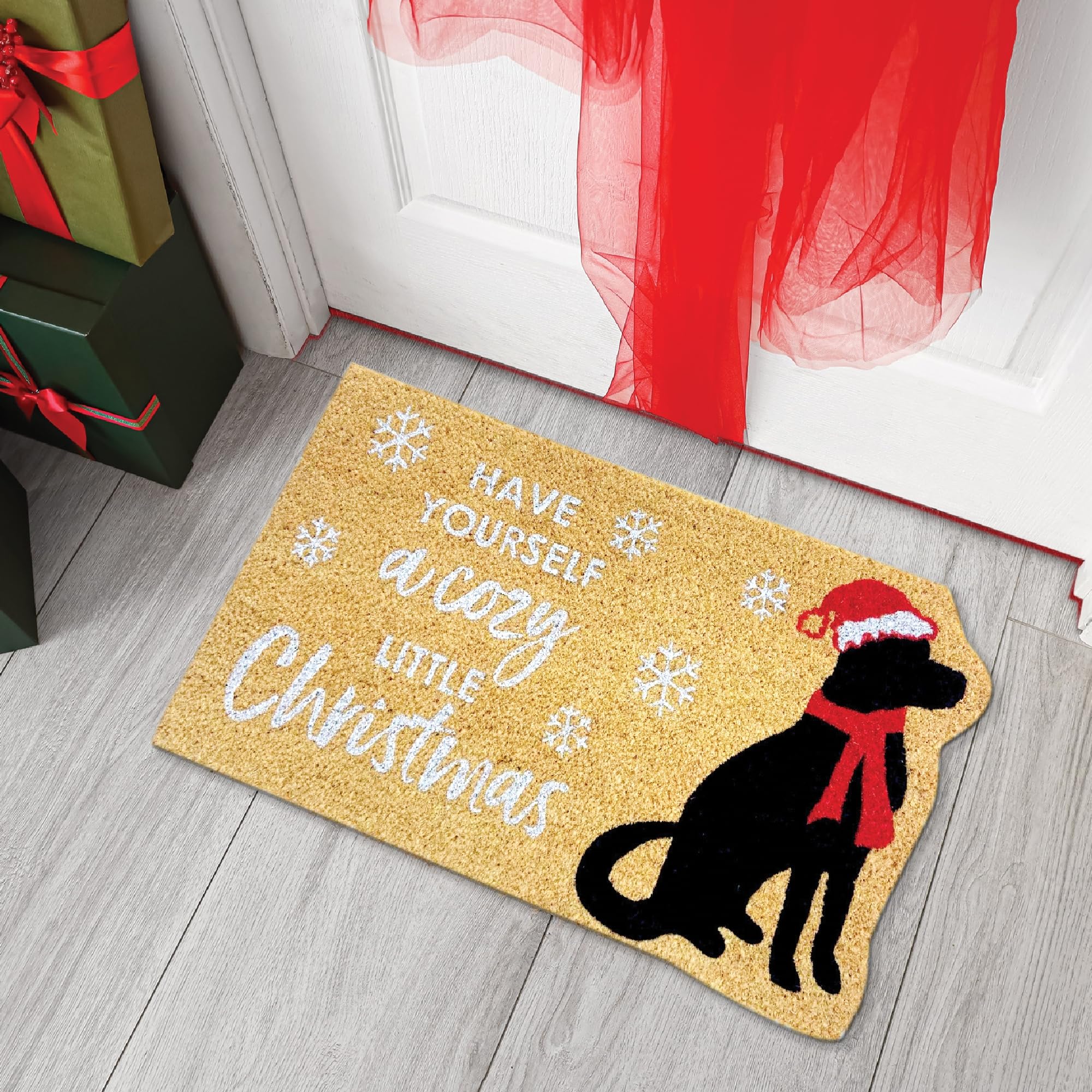 Comart - Zerbino Christmas - 40x70 cm - in Cocco - Sagomato con Disegni Natalizi – Tappeto per Ingresso Esterno o Interno - Antiscivolo - Decorazione per le Feste - Regalo per la Casa – Cane Natalizio