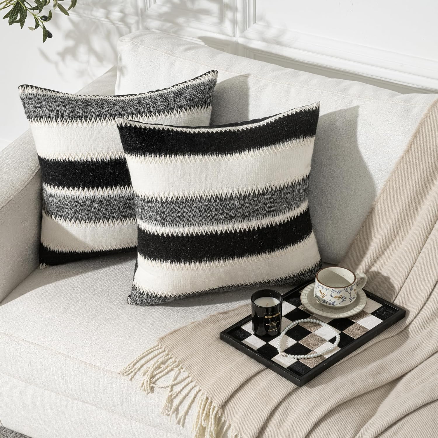 Set of 2 Out/Indoor 20x20 in Black&White&Gray Soft Stripes Wool Farmhouse Decorative Throw Pillow Cover Boho Accent Neutral Textured Cushion Pillow Case for Living Room Couch Bed Sofa