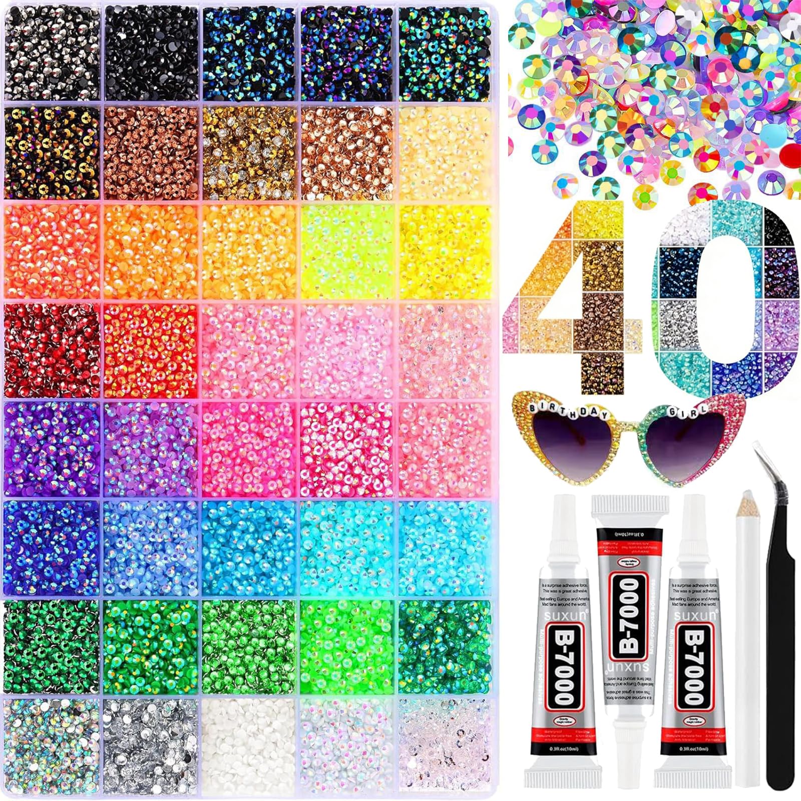 Bedazzling Kit with Glue and Pen, 24000/30000/32000Pcs Resin Jelly Rhinestones for Bedazzling, Multicolor Flatback Gems with 3Pcs 10ml Glue for DIY Nail Art, Crafting, Makeup (40Colors/32000Pcs)