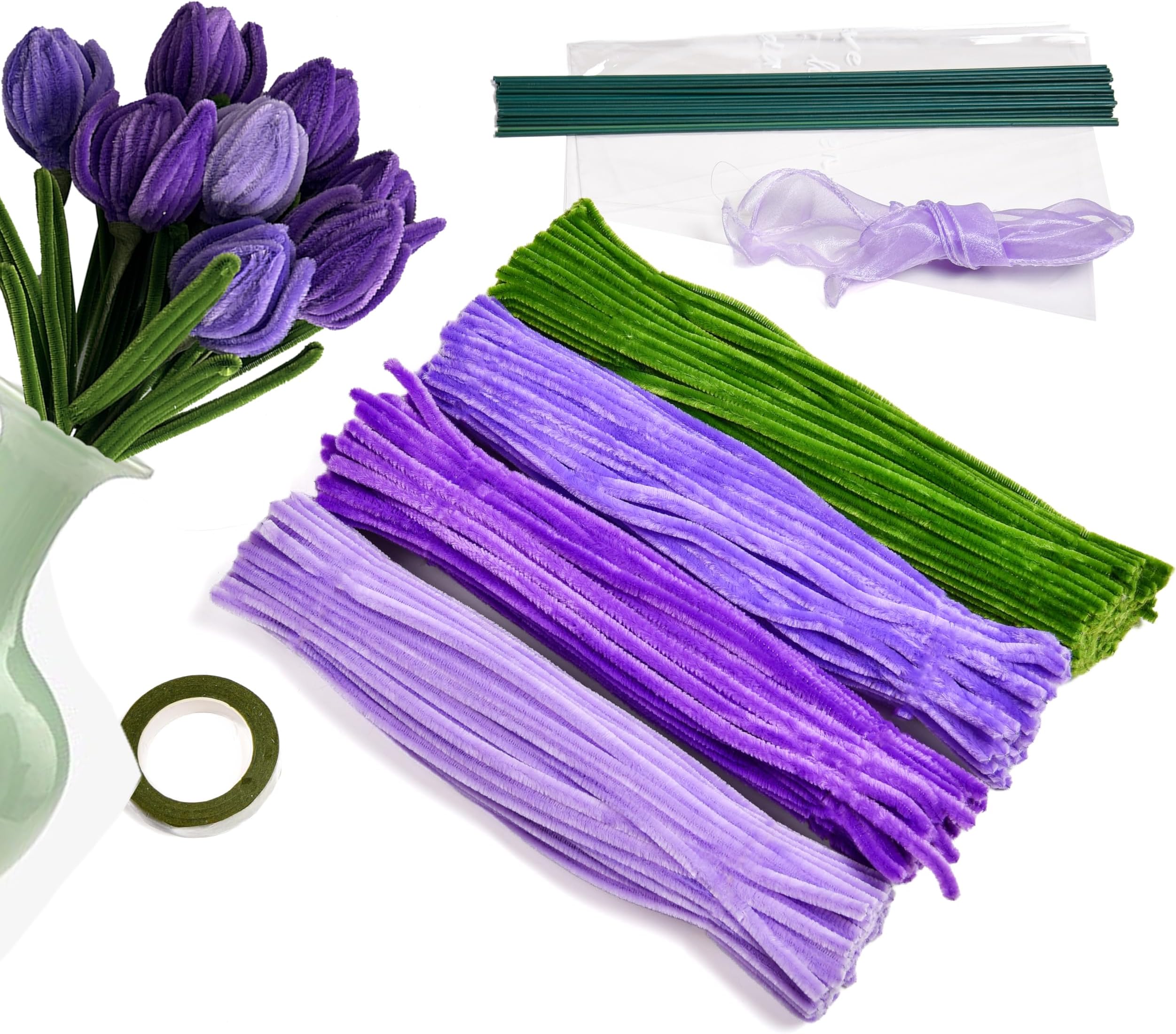 400Pcs Pipe Cleaner Craft Purple Tulip Chenille Stems for Flower Pipe Cleaners Kit Art Craft Supplies Projects Supplies for Creative DIY Wedding Party Birthday Gifts