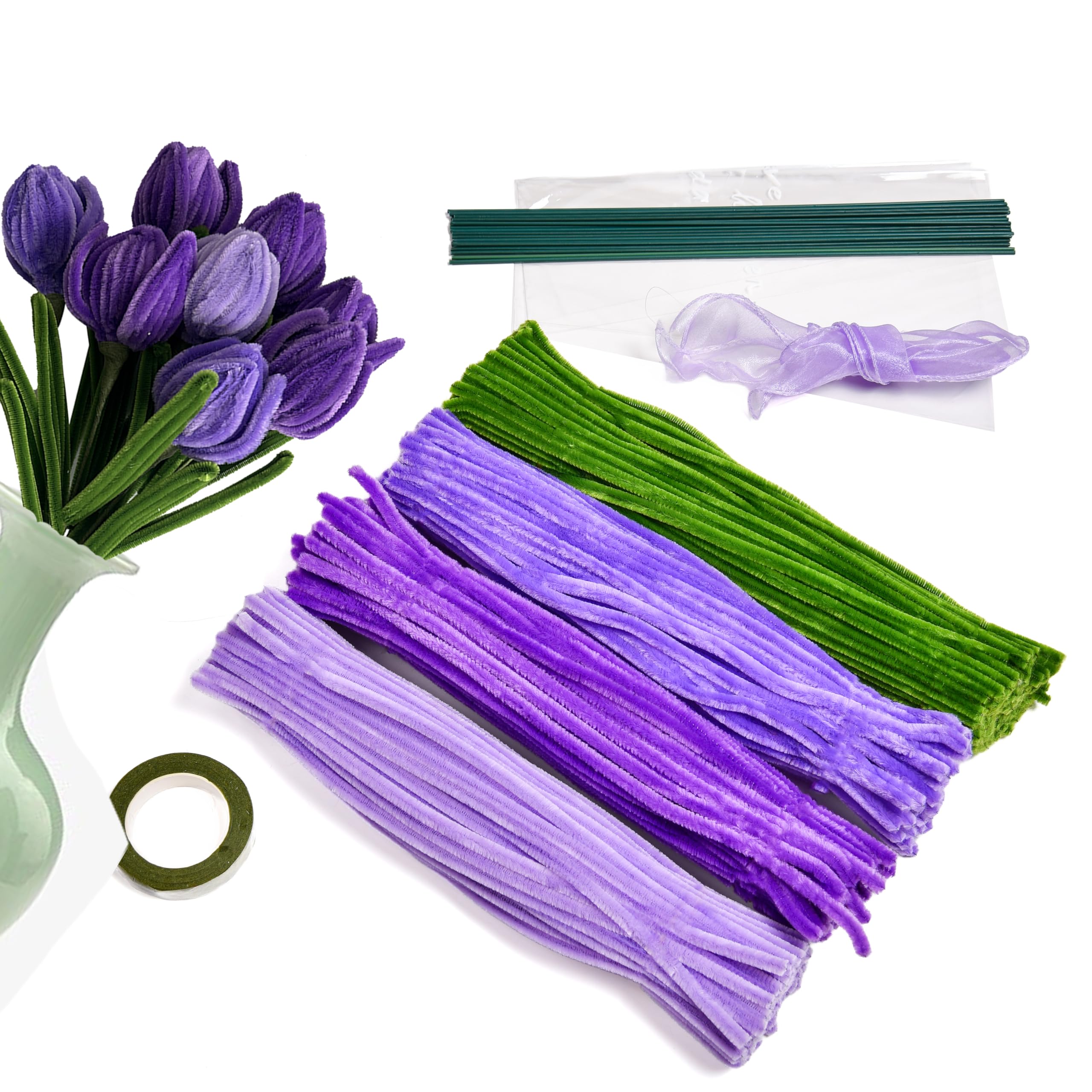 400Pcs Pipe Cleaner Craft Purple Tulip Chenille Stems for Flower Pipe Cleaners Kit Art Craft Supplies Projects Supplies for Creative DIY Wedding Party Birthday Gifts