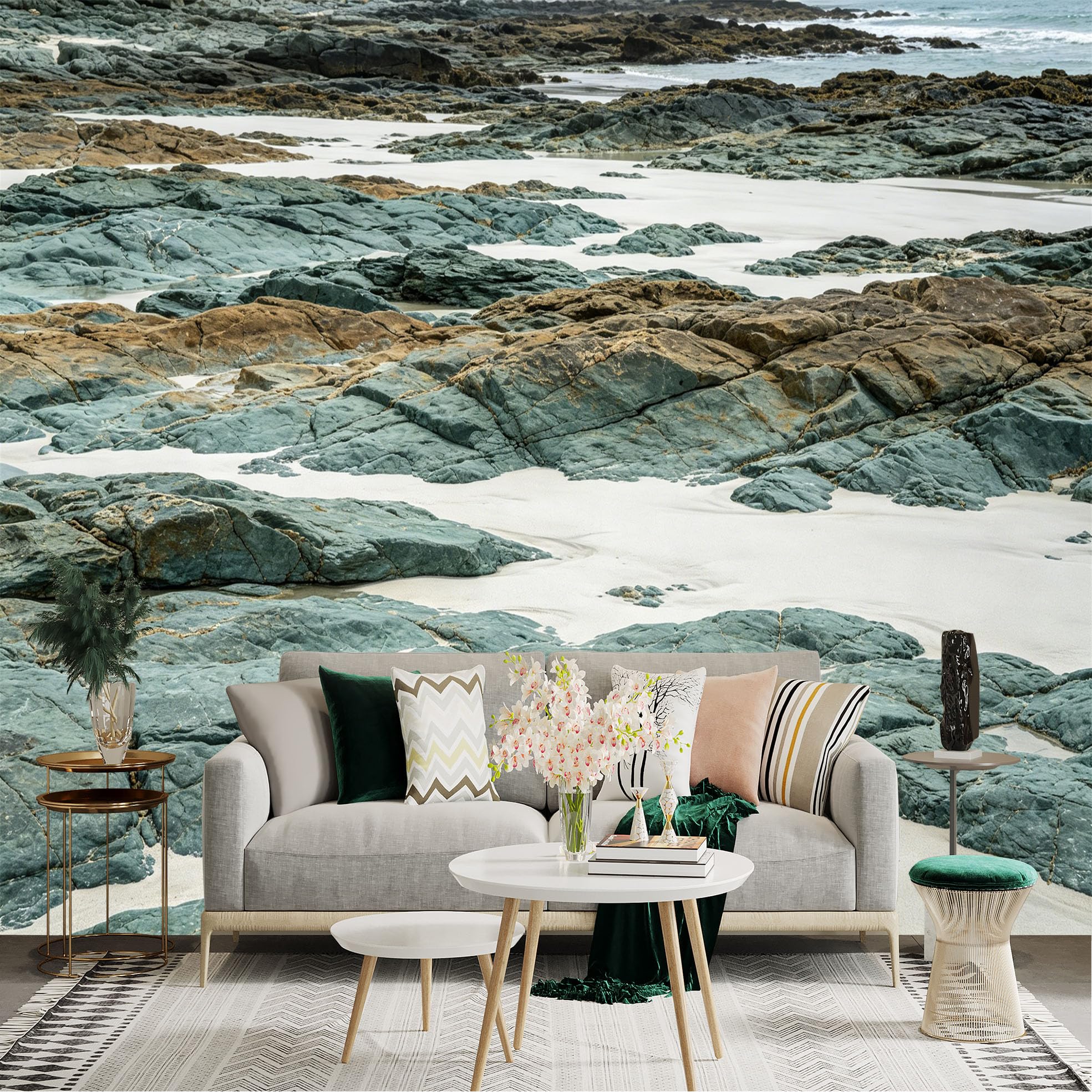 Lnzczhyre Dbh260521427 Custom Size Wall Sticker Mural， Coastal Beach Landscape， Turquoise Rock Formations， Sandy Shoreline， Serene Seascape View， For Wall Decoration， Peelandstick Wall Decals.