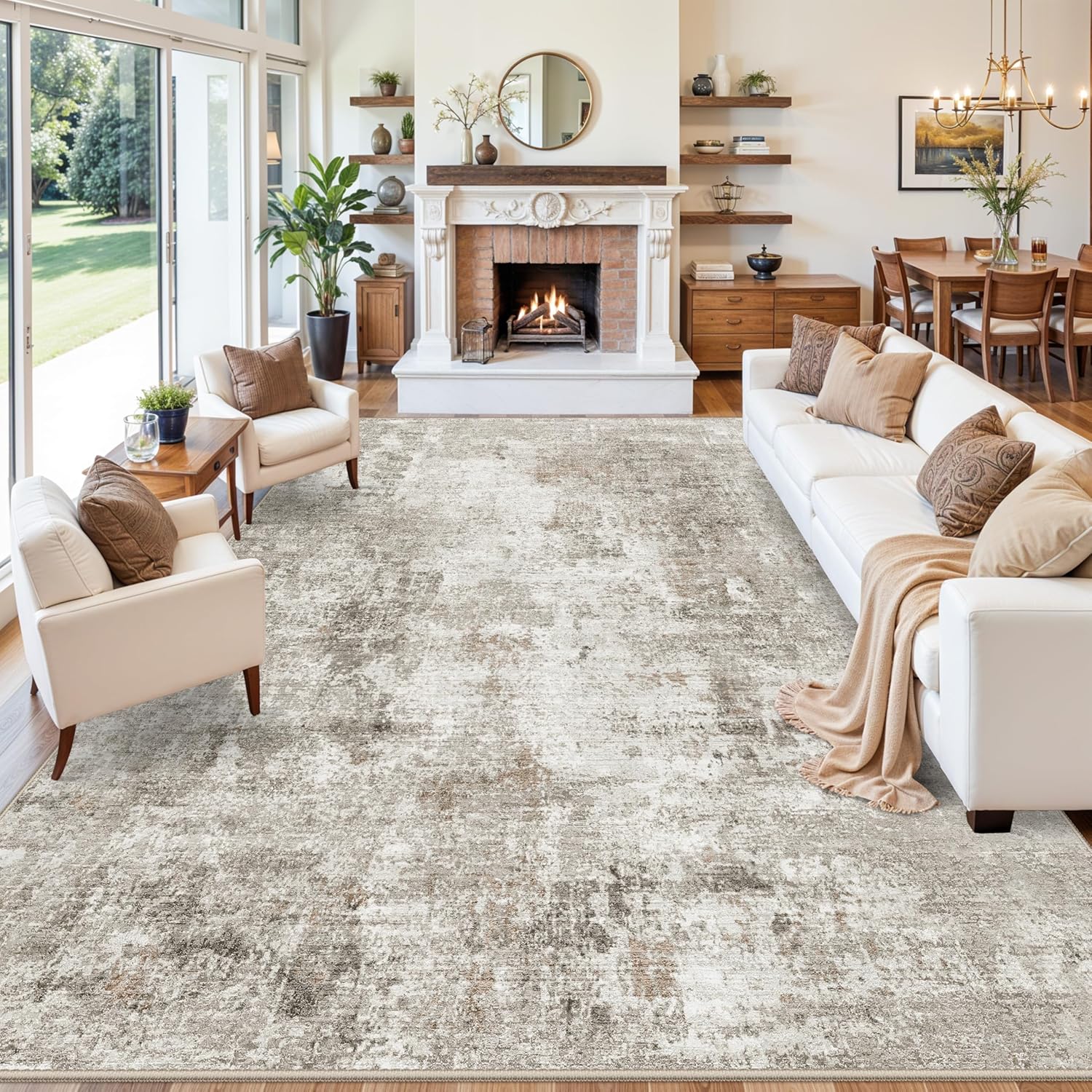 12x18 ft extra large living room rug – washable modern abstract neutral oversize rugs for bedroom,dining room,family room – non-slip low-pile thin stain-resistant carpet (beige grey) 12' x 18' (rectangular) beige/grey/brown
