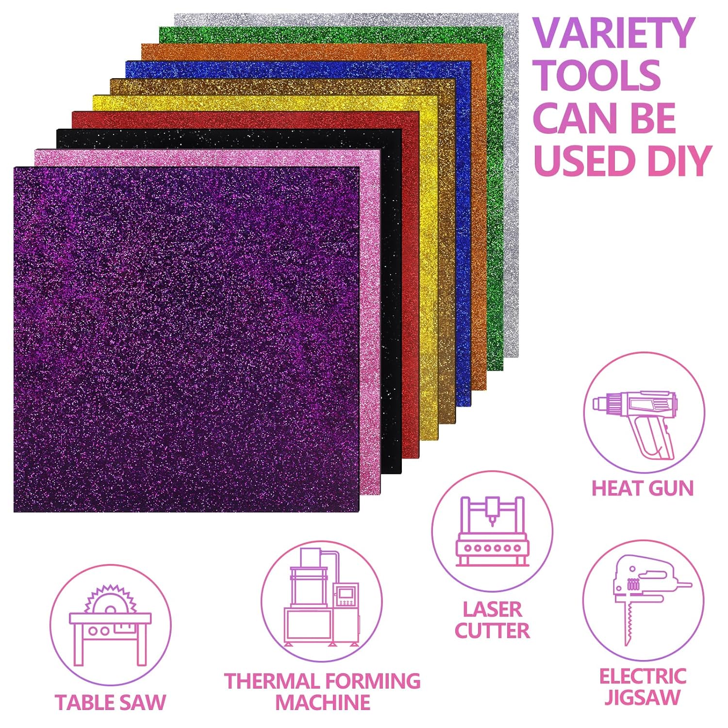 10 Pcs Glitter Colored Glossy Acrylic Sheets, 7.87 x 7.87 x 1/10 Inch Laser Cutting Sheets for DIY Projects, Crafts Art Display, Signs