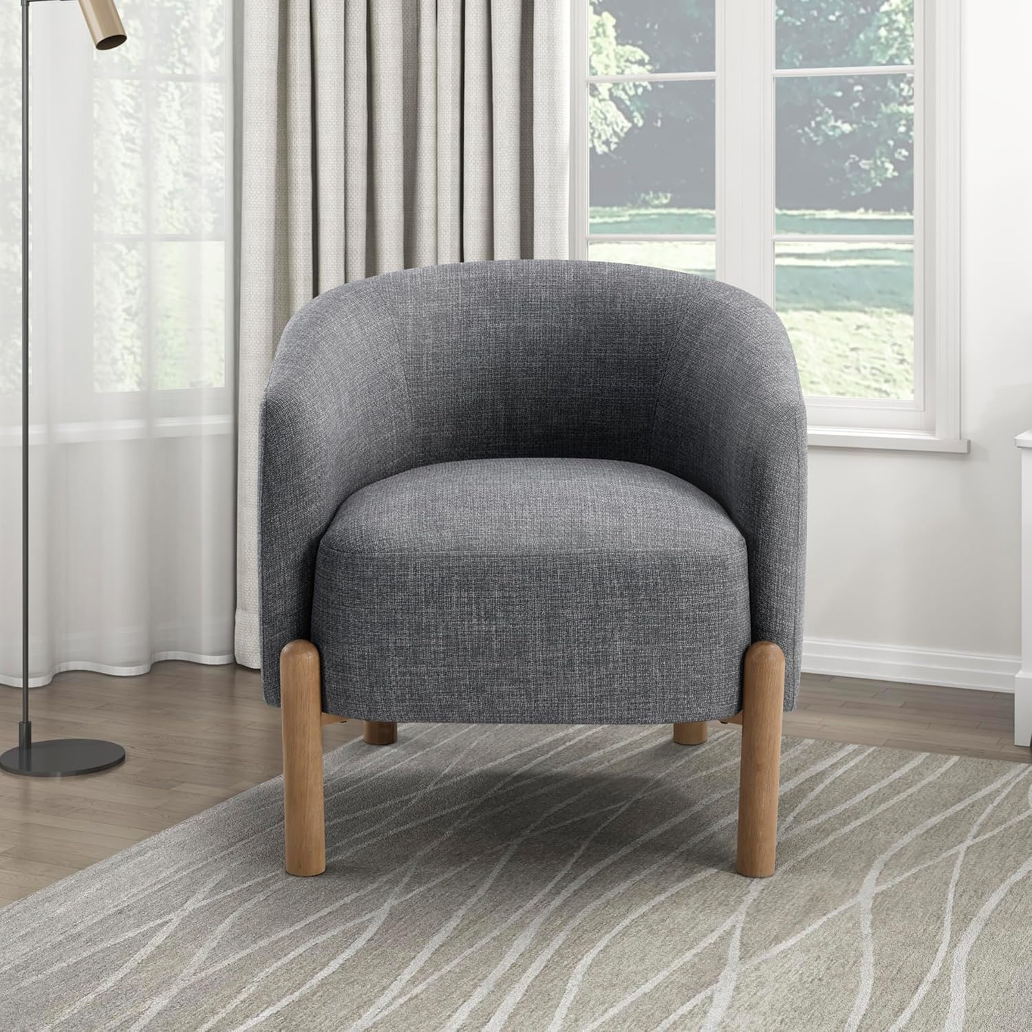 Lexicon Modern Accent Chair, Textured Fabric Barrel Seat with Solid Wood Legs, Upholstered Single Sofa Chairs for Living Room/Bedroom/Office/Apartment, Gray