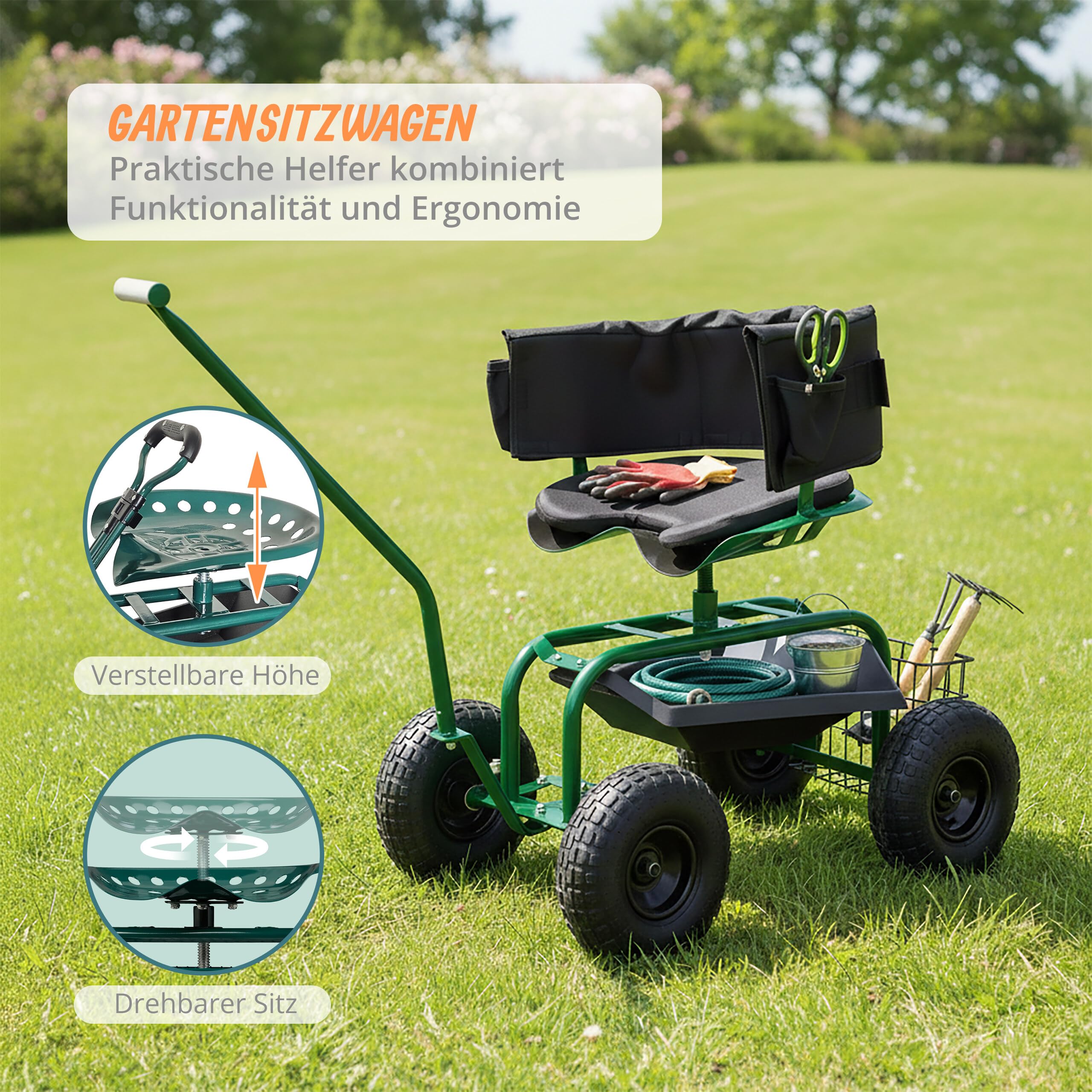 Relaxdays fahrbarer Gartensitz, höhenverstellbar, 150 kg, Stauraum, Lenkstangen, Sitzkissen, Lehne, Gartenwagen, grün