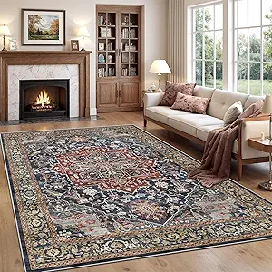 Rugland 5x7 Area Rugs - Stain Resistant Washable Rug, Anti Slip Rugs for Living Room, Vintage Tribal Area Rugs(Medallion 01-Rust/Blue, 5'x7')