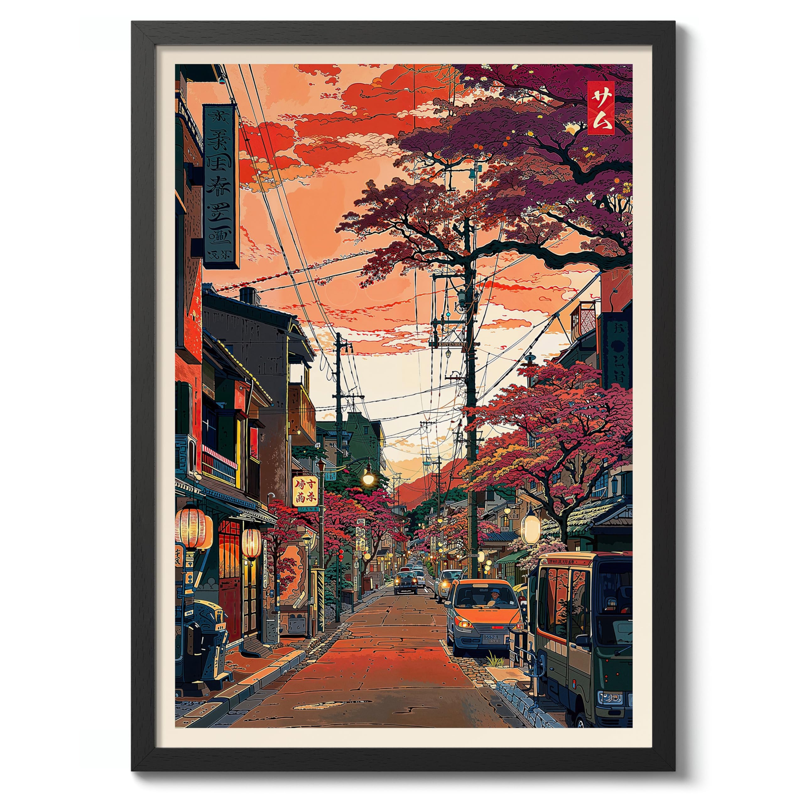 Tokyo Suburb Anime Woodblock Poster Modern Ukiyo-E, Japanese Cartoon Illustration Print, Archival Matte, A2 (Black Frame) - 59.4x42cm