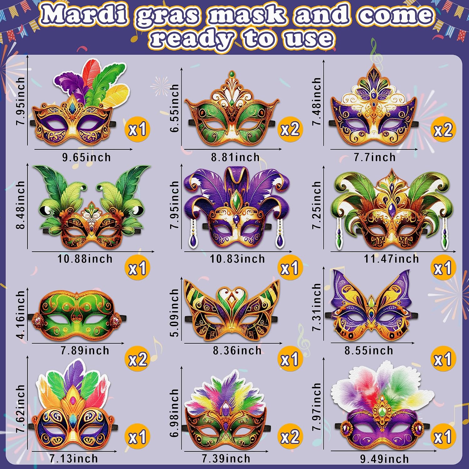 16PCS Mardi Gras Masks Bulk Set: Party Decorations Carnival Favors(Felt)