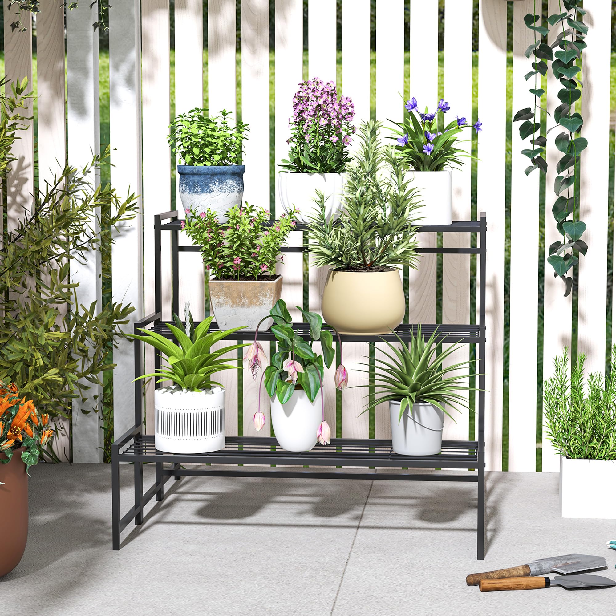 Outsunny Étagère à Fleurs en métal 3 Niveaux Jardin 75 x 70 x 66 cm Noir | Intérieur et Extérieur, Support de Plantes en Échelle, Étagère à Plantes, Balcon, Salon