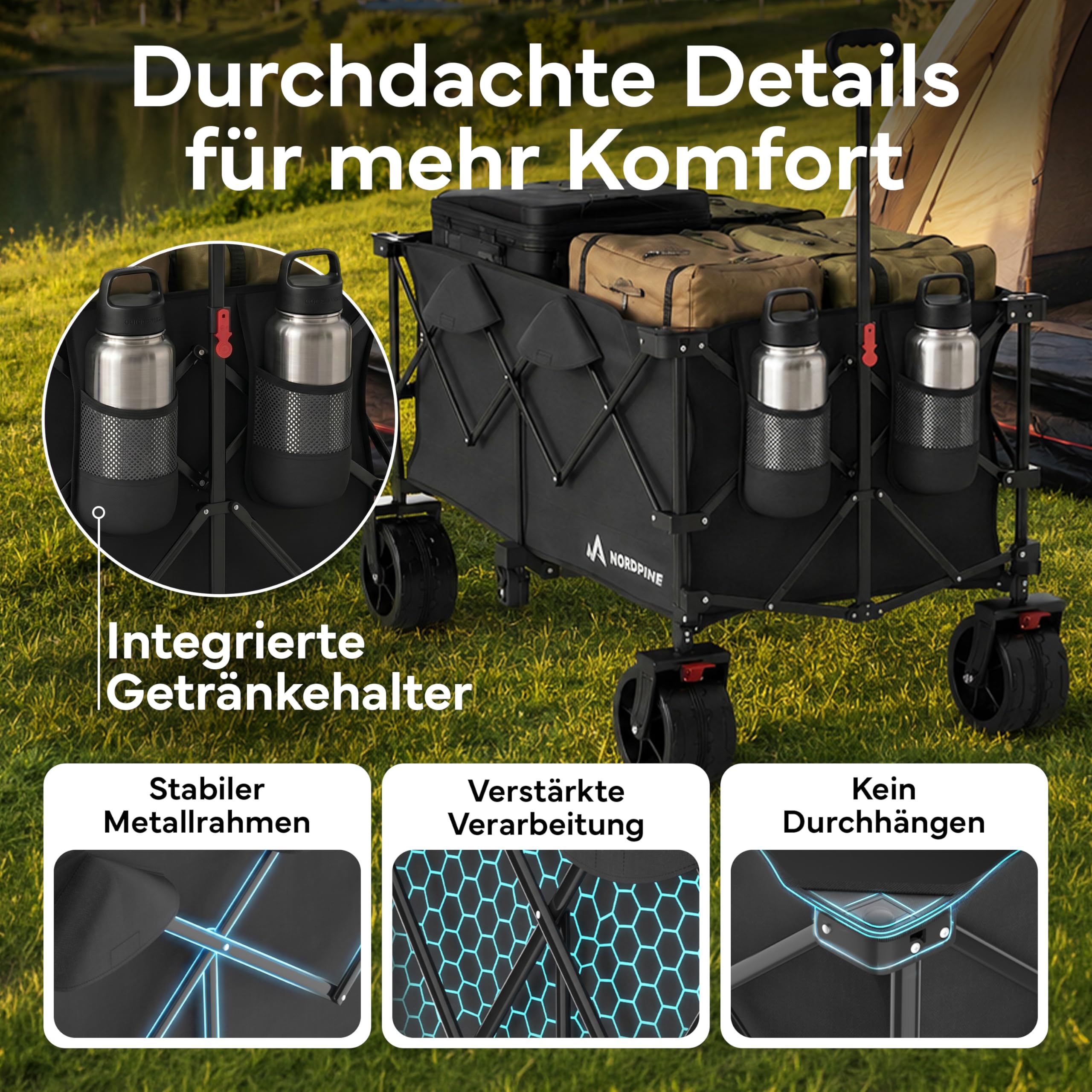 Bollerwagen Faltbar - 200/300 Liter Stauraum für Camping, Festival und Familie - Bis 200 kg Traglast - Extra breite Gummireifen mit Bremse - Klappbar in Sekunden (200 l | Bollerwagen)