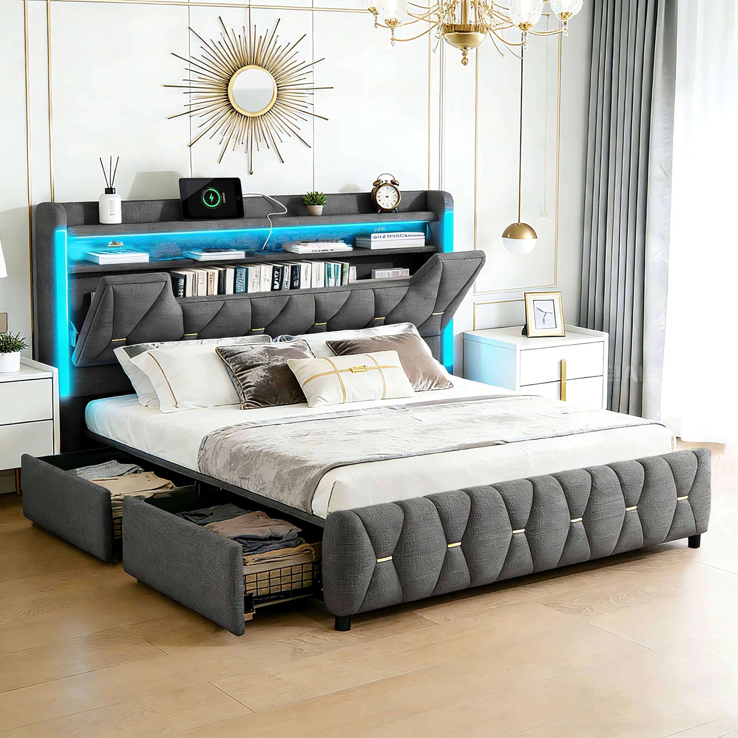 Cama de Lino Gris de 140x200 cm con Cabecero con Almacenamiento