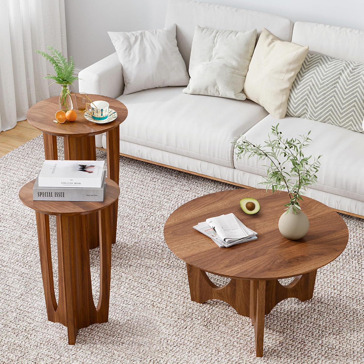 Small Round Coffee Table Set of 3,Round Coffee Table and 2 End Side Tables, Mid-Century Modern 3-Piece Living Room Tables Set for Apartment, Office,Small Space
