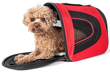 PET LIFE Airline Approved Collapsible Zippered Folding Sporty Mesh Travel Fashion Pet Dog Carrier Crate, Large, Red & Black