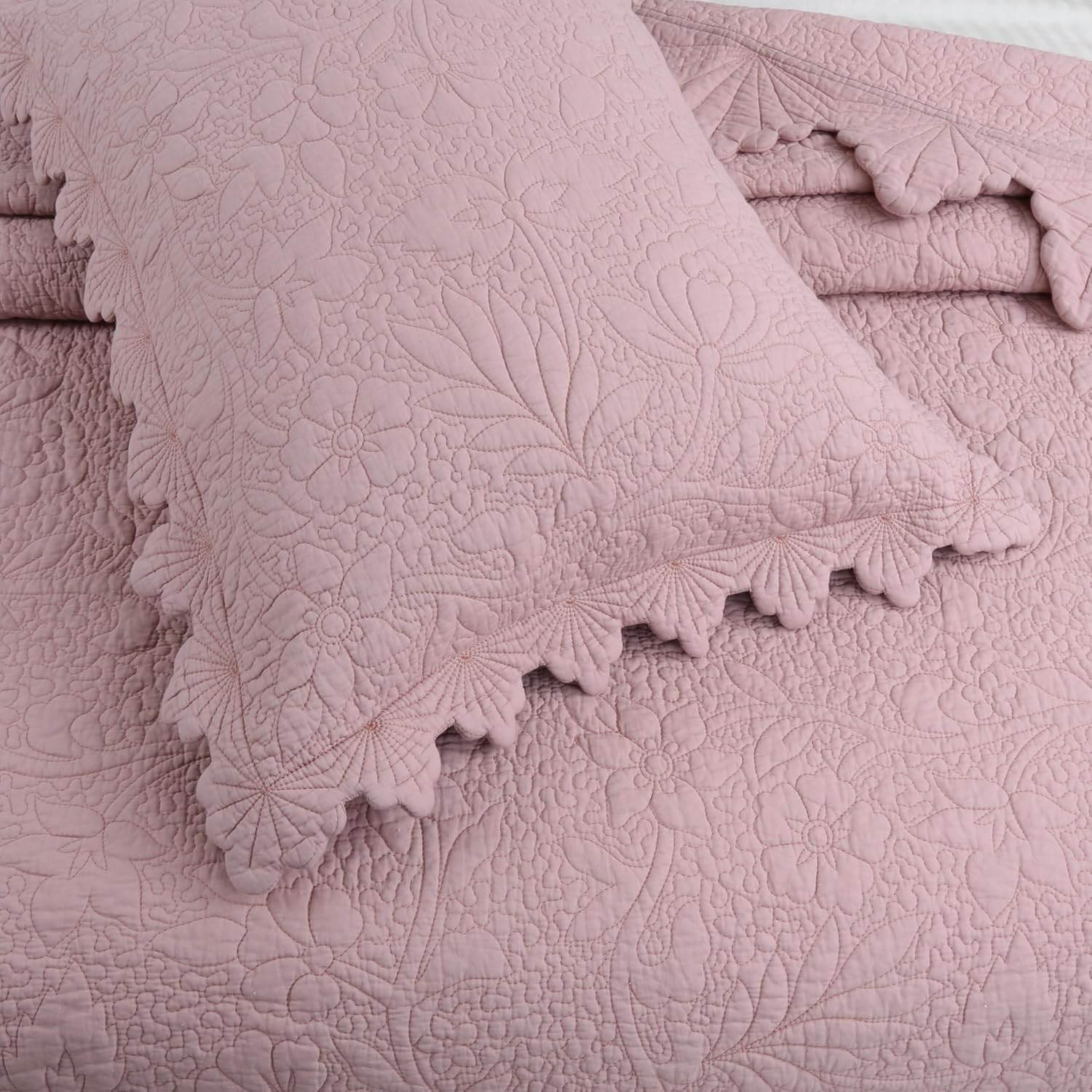 3-Pieces Embroidered 100% Cotton Queen Bedspread Textured Lightweight Soft Quilt Coverlet Sets,Cotton Quilt Queen Size Bedding Sets for All Season,with 2 Pillow Shams,Peach Pink - Image 3