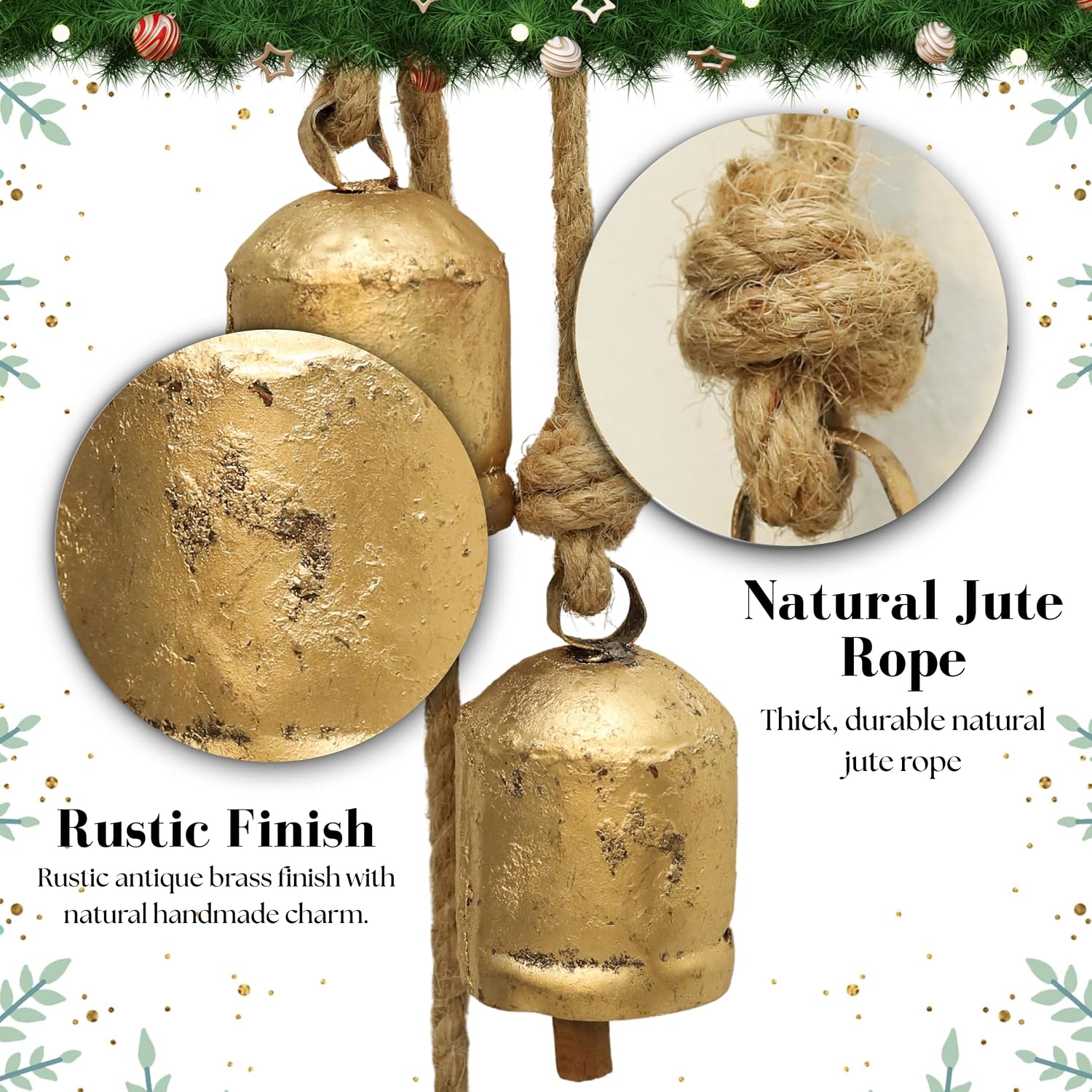 4 Large Rustic Vintage Cow Bells on Rope – Lucky Cow Bells Cluster, Handmade Metal Wall Hanging Décor for Home, Garden, Patio – Boho Farmhouse Bells on Rope Décor (Set of 4)