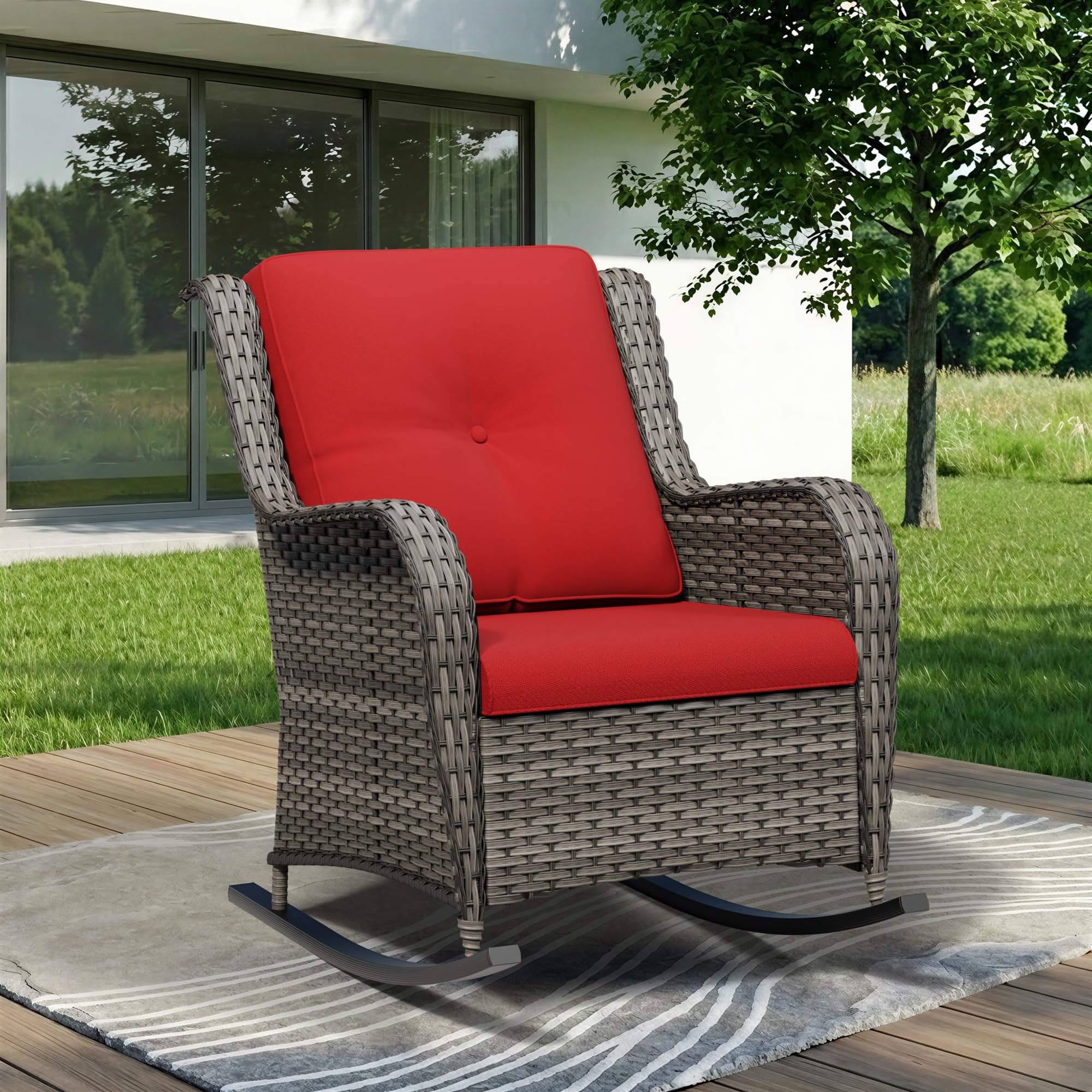 Outdoor Rocking Chair, Wicker Patio Chair with Thickened Olefin Cushions, High Back and Deep Seating, Hand-Woven PE Rattan for Porch, Deck, Balcony, Red