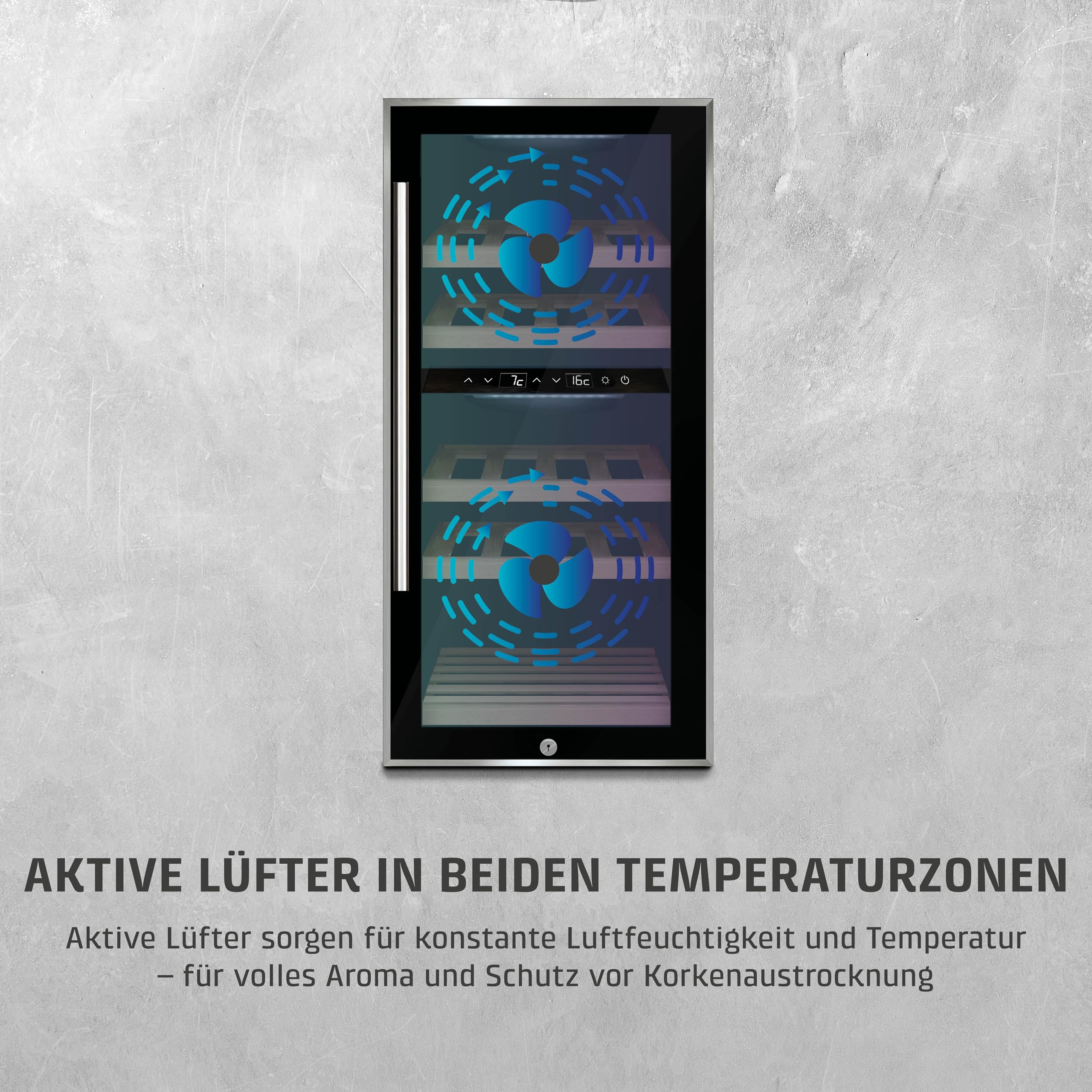 Caso WineComfort 24 black, Weinkühlschrank für 24 Flaschen, 2 Zonen auf 5-20°C einstellbar,Sensor- Touch, LED beleuchtet freistehend, UV-Filterglas, Schwarz