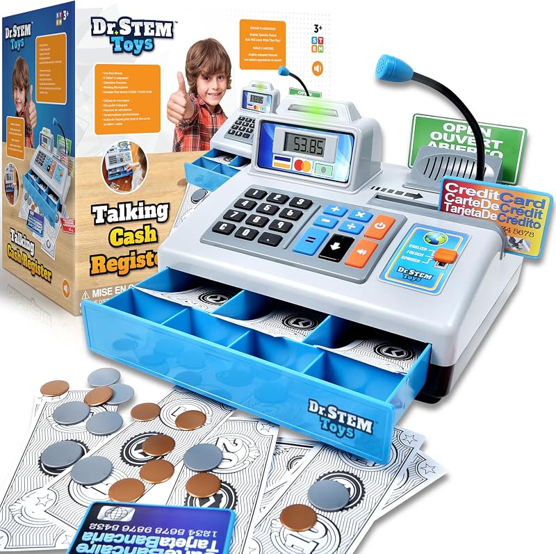 | Caja registradora de juguete parlante | STEM Learning Tienda de imaginación de 69 piezas con 3 idiomas, micrófono de buscapersonas, tarjeta de crédito, tarjeta bancaria, dinero ficticio y banca para niños, plateado