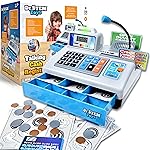 Dr. STEM Toys | Talking Toy Cash Register | STEM Learning 69 Piece Pretend Store with 3 Languages, Paging Microphone, Credit Card, Bank Card, Play Money and Banking for Kids (Silver)